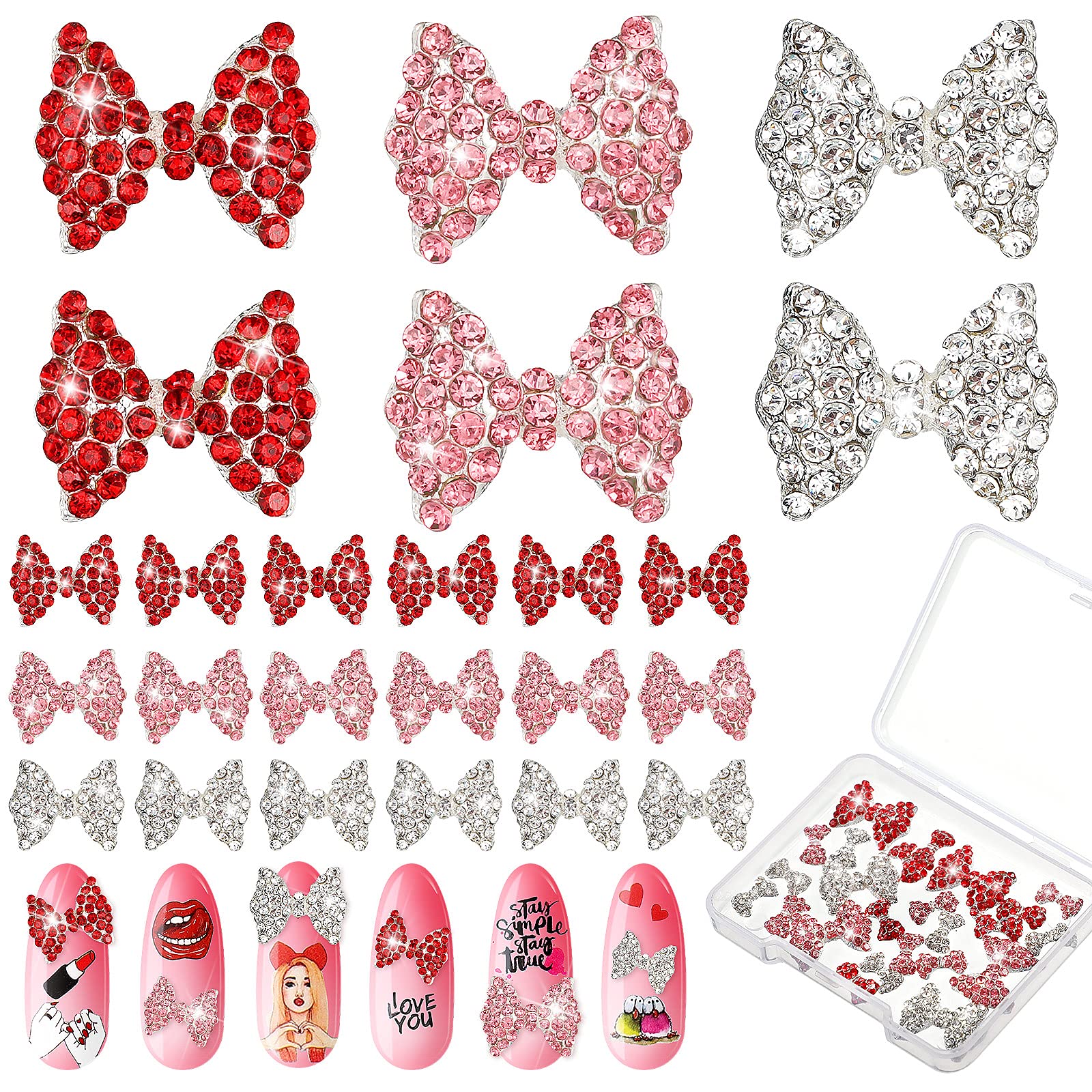 Maitys 24 Pieces Valentine's Day Nail Bows Charms Rhinestones 3D Nail Charms Nail Art Charms Alloy Pearl Bowknot Nail Accessory 