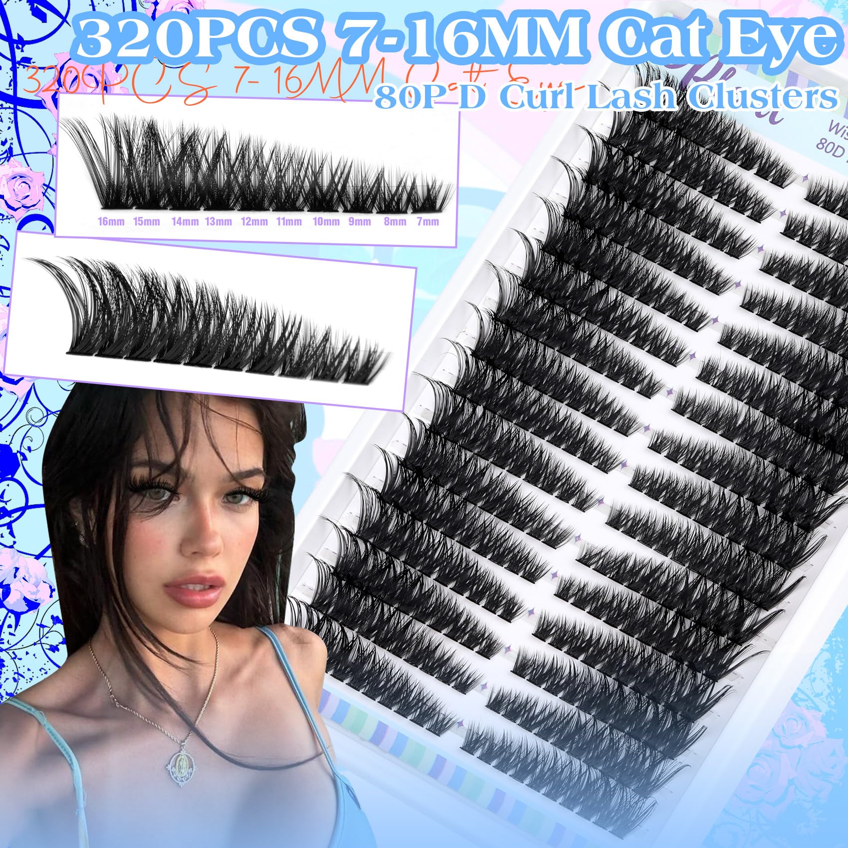 Pleell Lash Clusters 320 Pcs Individual Lashes Clusters 7-16 Mm Cat Eye Wispy Eyelash Clusters D Curl 80D Cluster Eyelash Extens