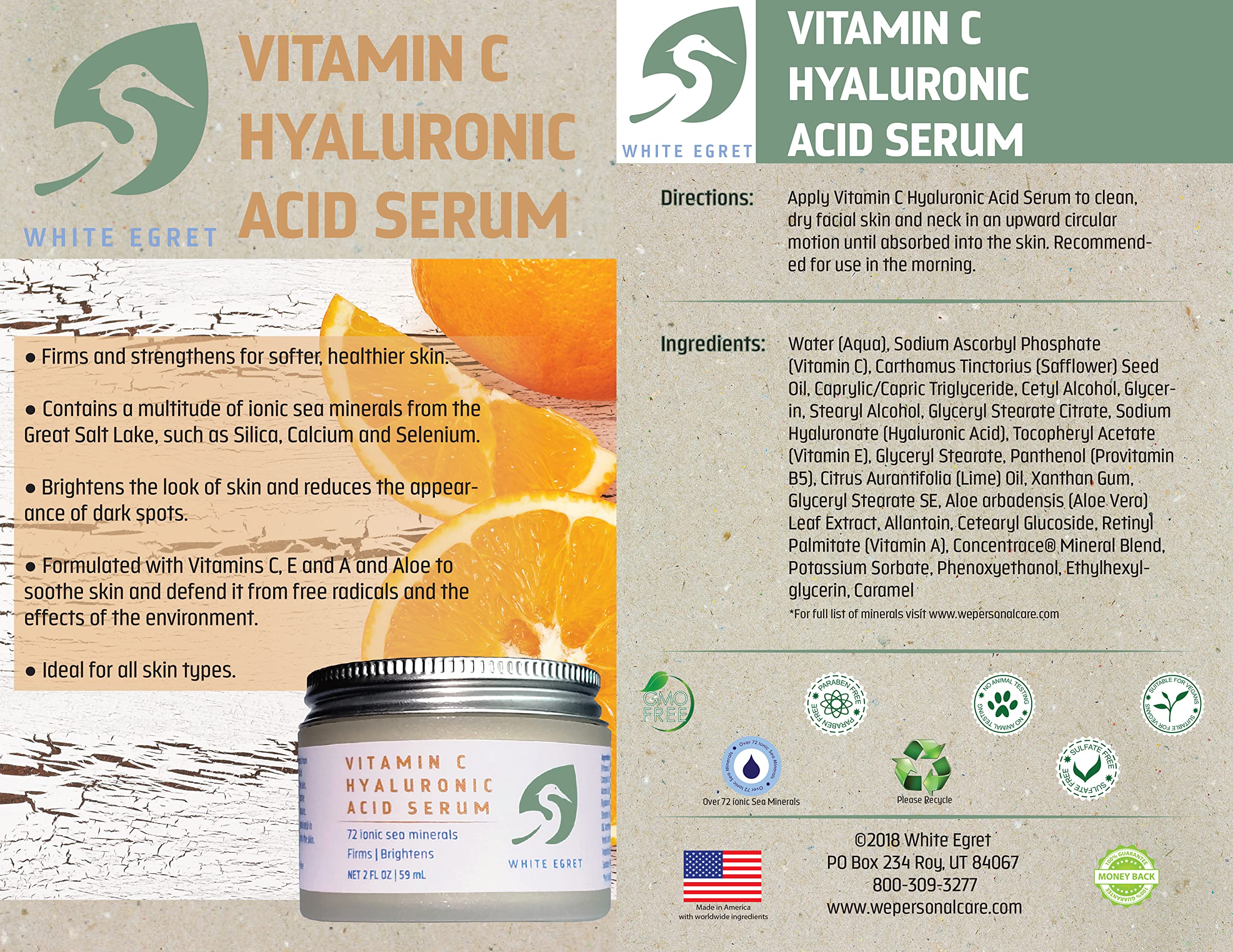 White Egret Hyaluronic Acid With Vitamin C, 72 Ionic Minerals From The Great Salt Lake For Firming, And Brightening Skin, 8 Fl.