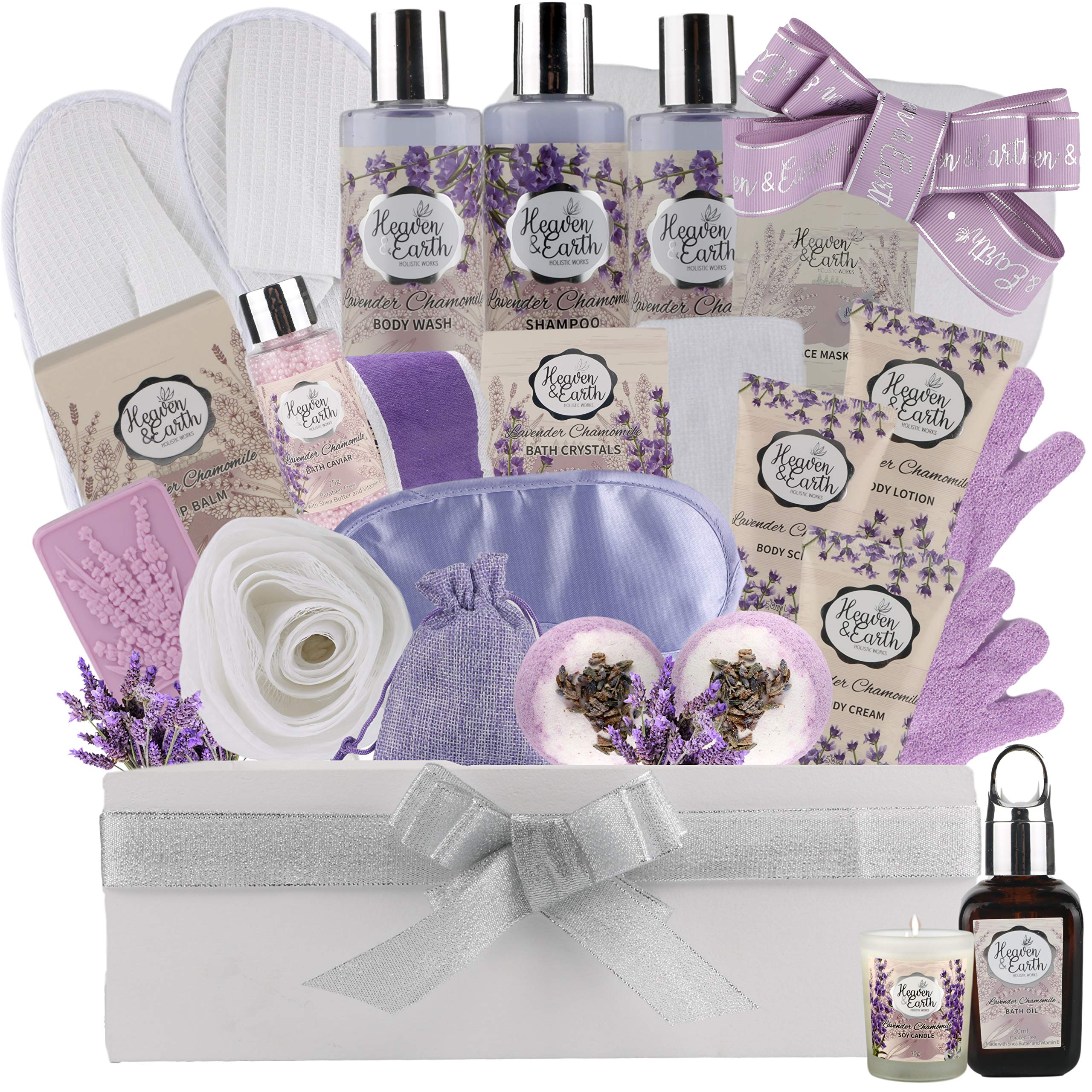Valentines Gift Baskets for Women Spa Day! Natural Lavender Chamomile Spa Bath Sets for Women Gift Infused with Essential Oils. 