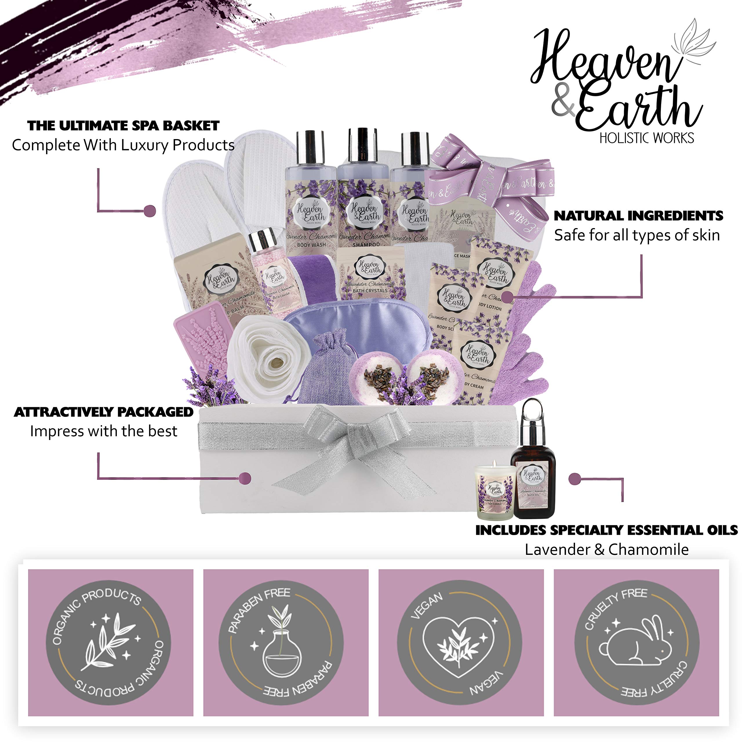 Valentines Gift Baskets for Women Spa Day! Natural Lavender Chamomile Spa Bath Sets for Women Gift Infused with Essential Oils.