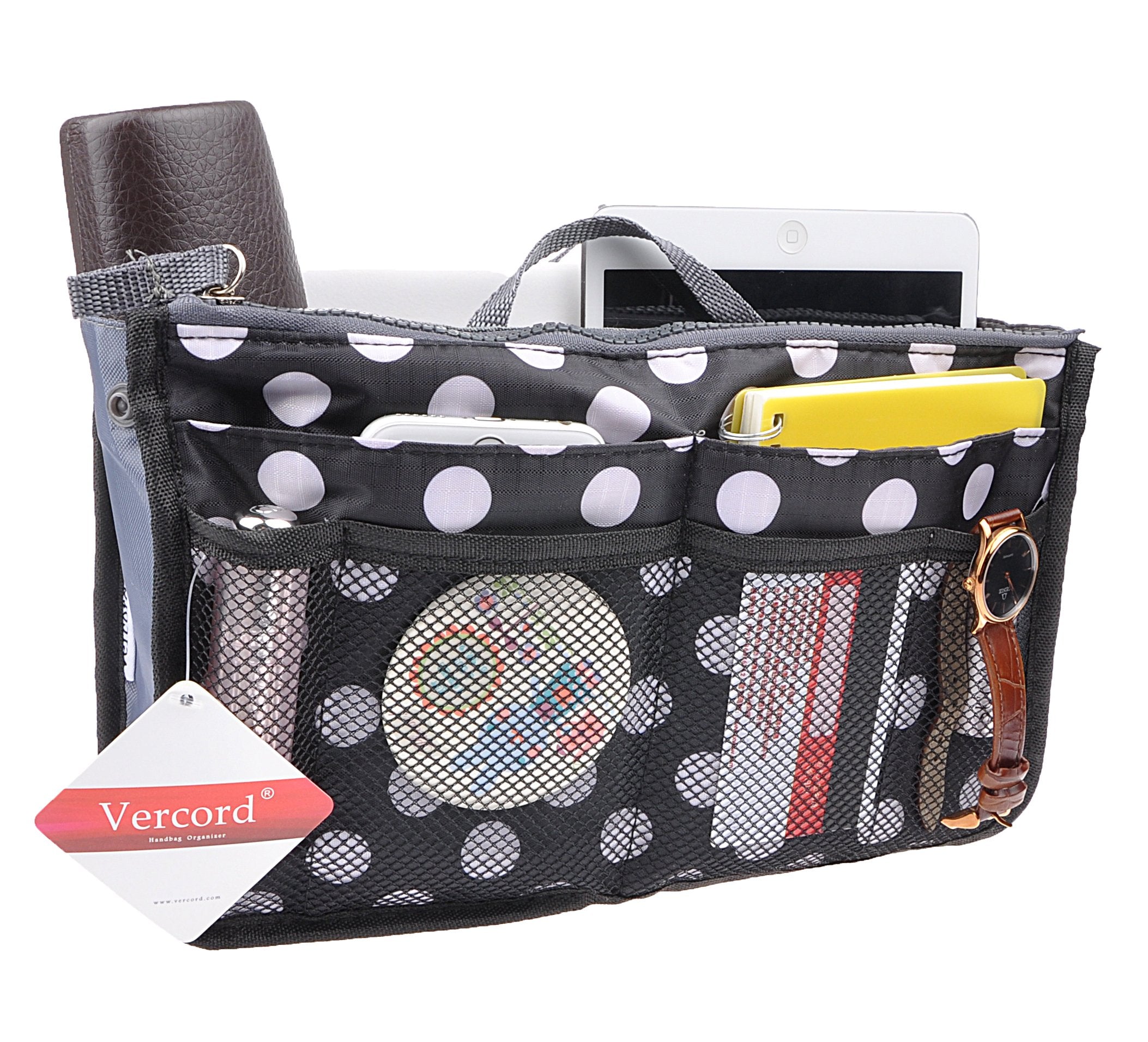 Vercord Purse Organizer Insert for Handbags Bag Organizers Inside Tote Pocketbook Women Nurse Nylon 13 Pockets Black Dots Large