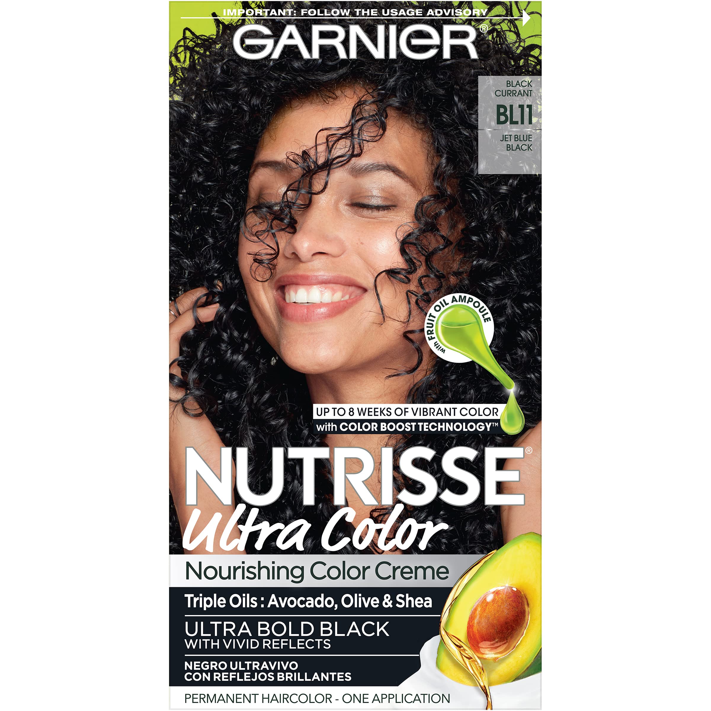Garnier Hair Color Nutrisse Ultra Color Nourishing Creme, BL11 Jet Blue Black (Black Currant) Permanent Hair Dye, 1 Count (Packa