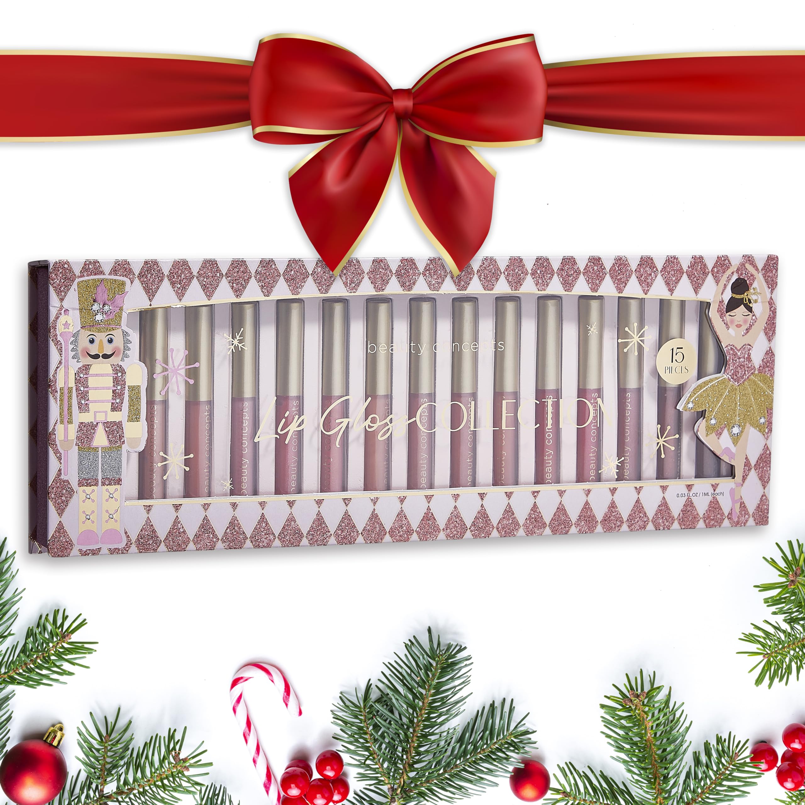 Beauty Concept 15-Piece Lip Gloss Set - Radiant Lips With Glossy Heavy Embossing, Shiny Gold Foil Stamping - 0.7 Fl Oz Each In P