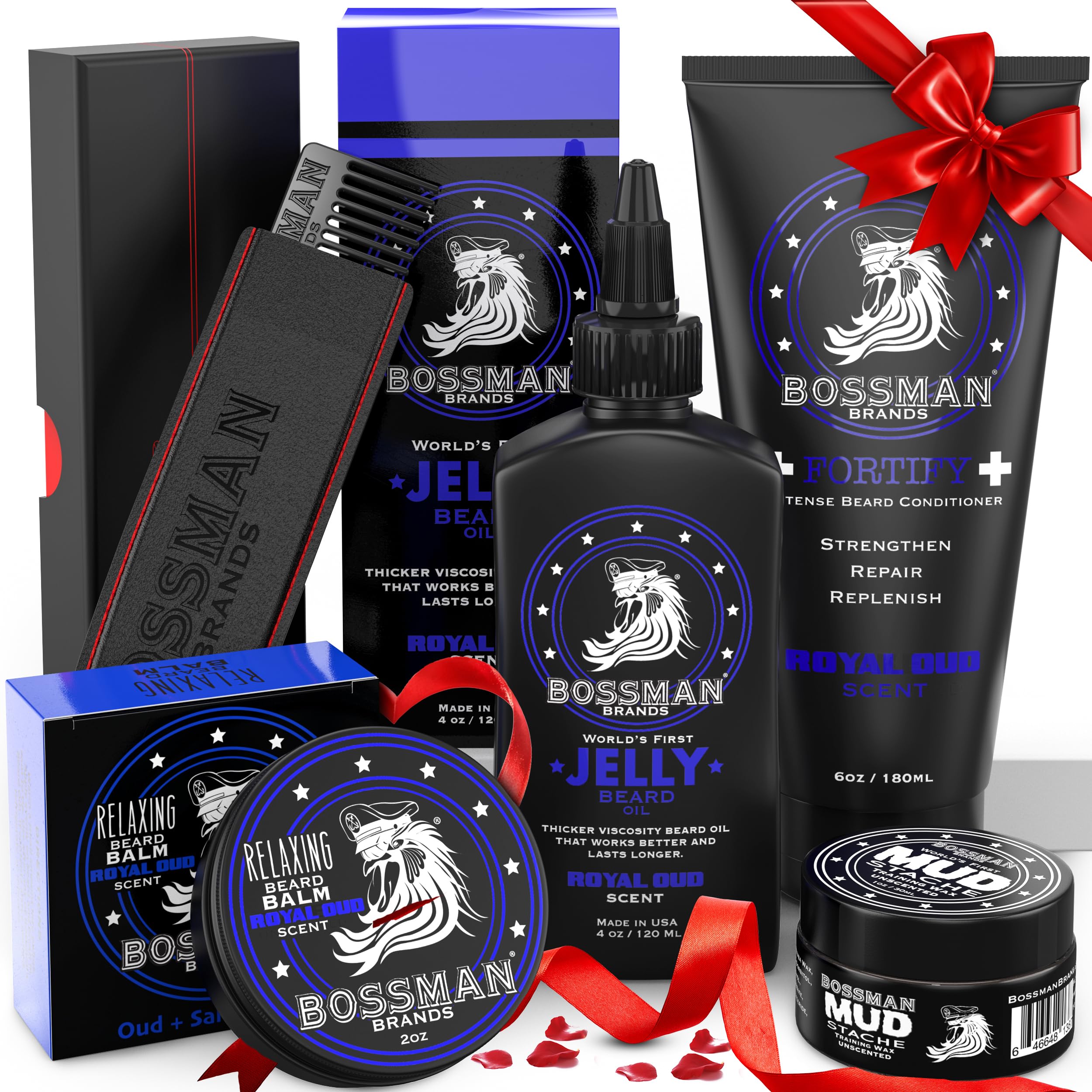 Bossman Complete Beard Kit - Mens Beard Oil Jelly, Fortifying Shower Conditioner, Balm, Mustache Wax & Comb - Beard Softener & 