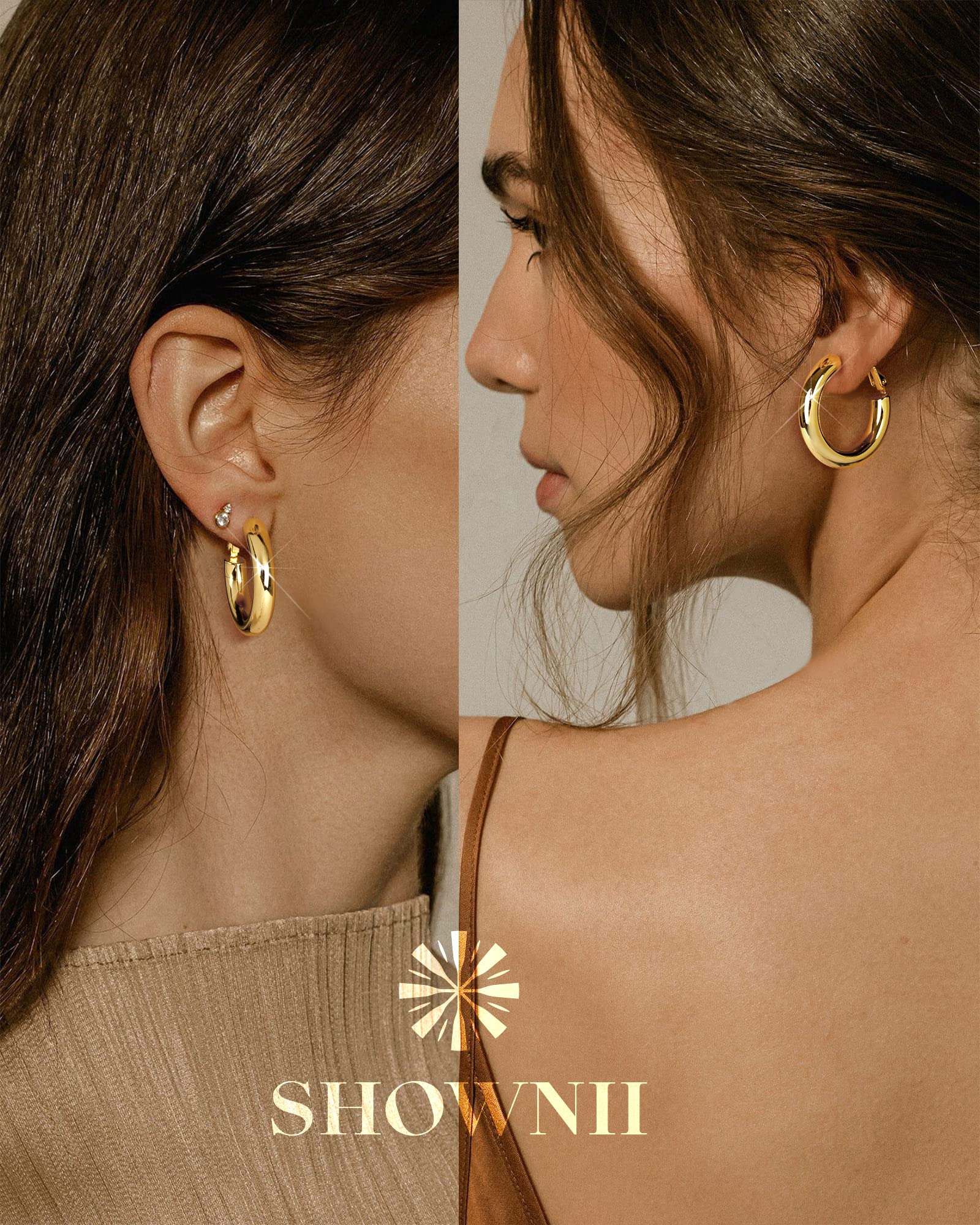 SHOWNII Chunky Gold Hoop Earrings Set, 14K Gold Plated Chunky Tube Hoop Earrings Set for Women Lightweight Thick Hoops