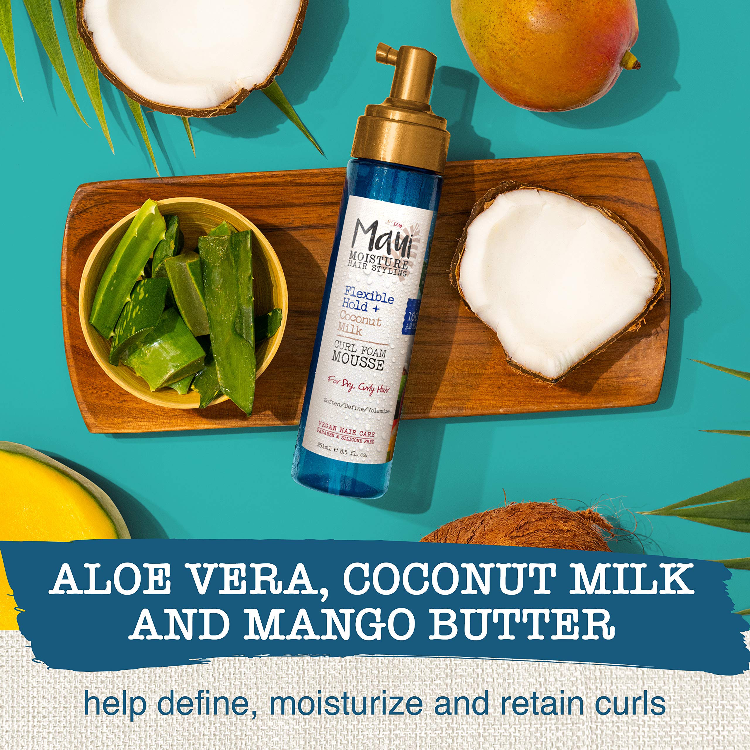 Maui Moisture Flexible Hold + Coconut Milk Curl Foam Mousse, for Curly Hair Styling, No Drying Alcohols, Parabens or Silicone, 8