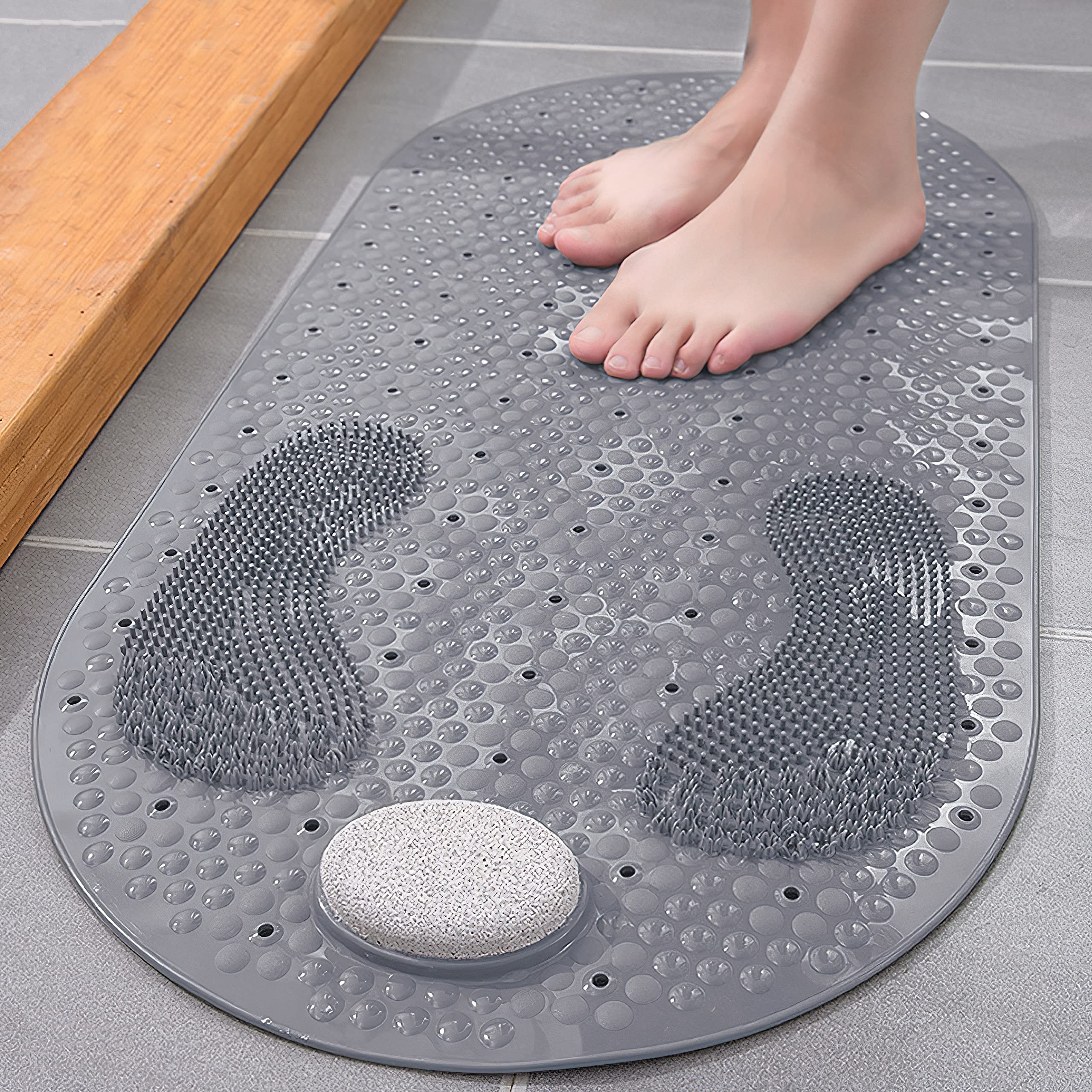 Shower Mat Foot Scrubber, Non-slip Bath Mat for Tub with Suction Cups, Shower Floor Bath Tub Mat with Feet Scrub Stone, 32 X 16 