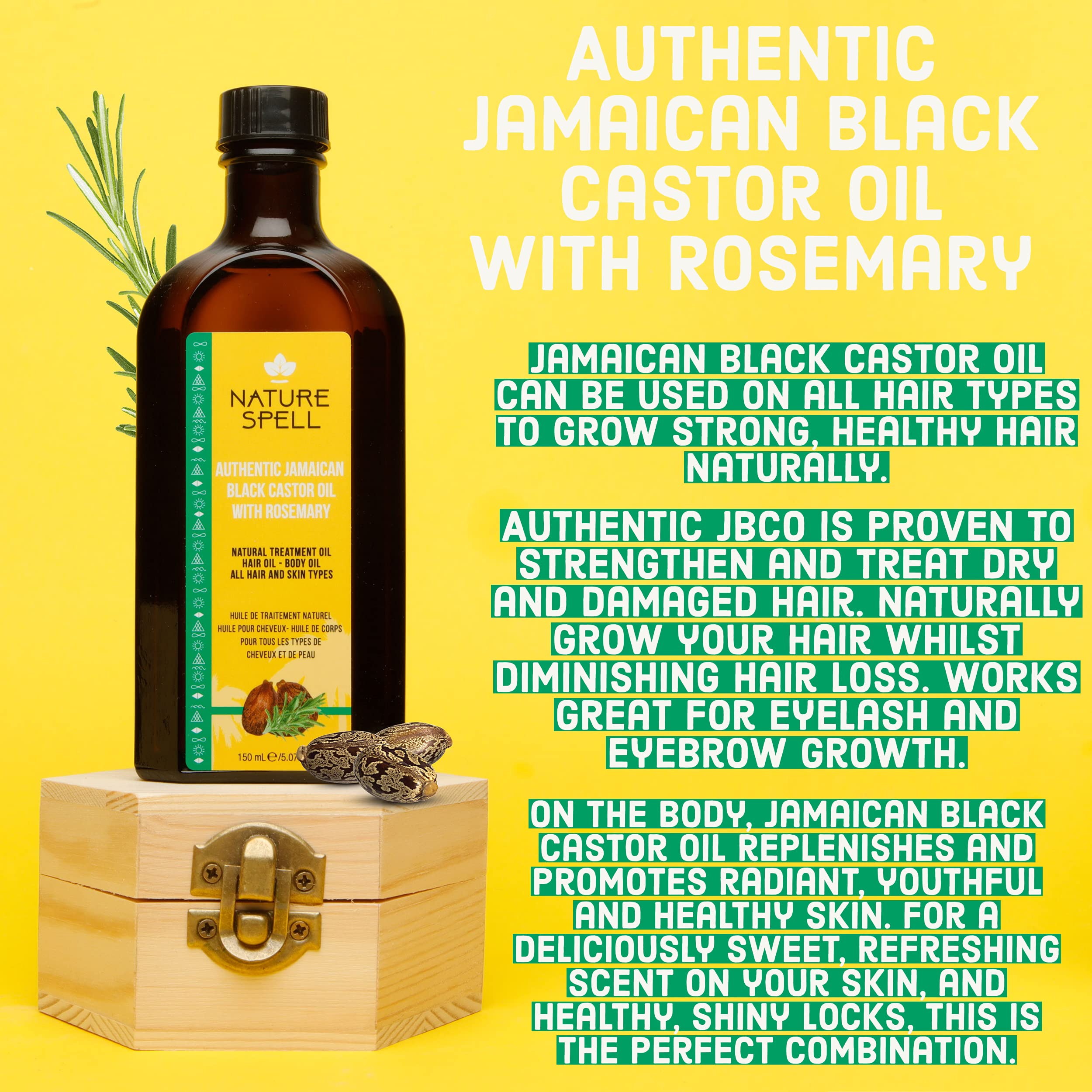 Nature Spell Jamaican Black Castor Oil Infused With Rosemary For Hair & Body, Strengthen Hair Roots & Treat Damaged Hair, 5.07 F