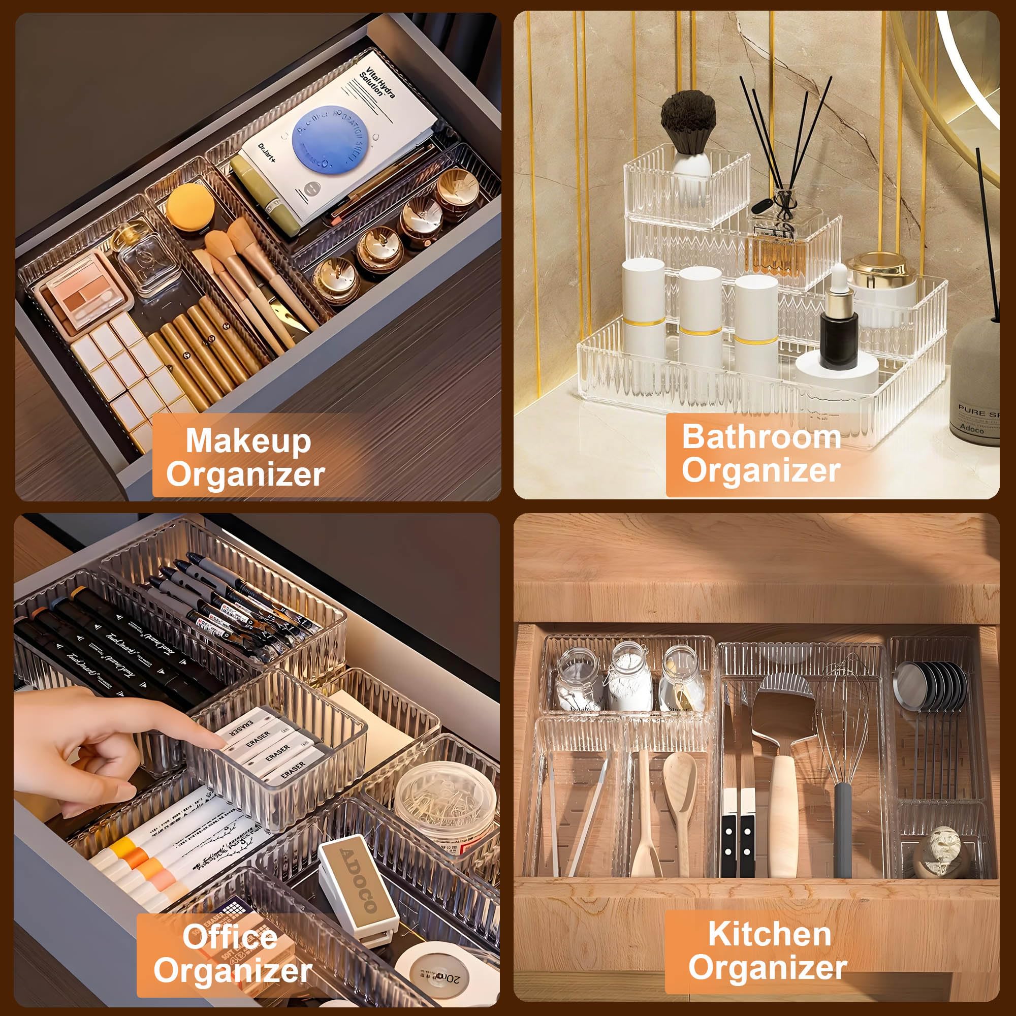 Adoco 7 PCS Clear Drawer Organizers Bins, 4-Size Stackable Makeup Vanity Drawer Organizer Trays, Acrylic Bathroom Drawer Organiz