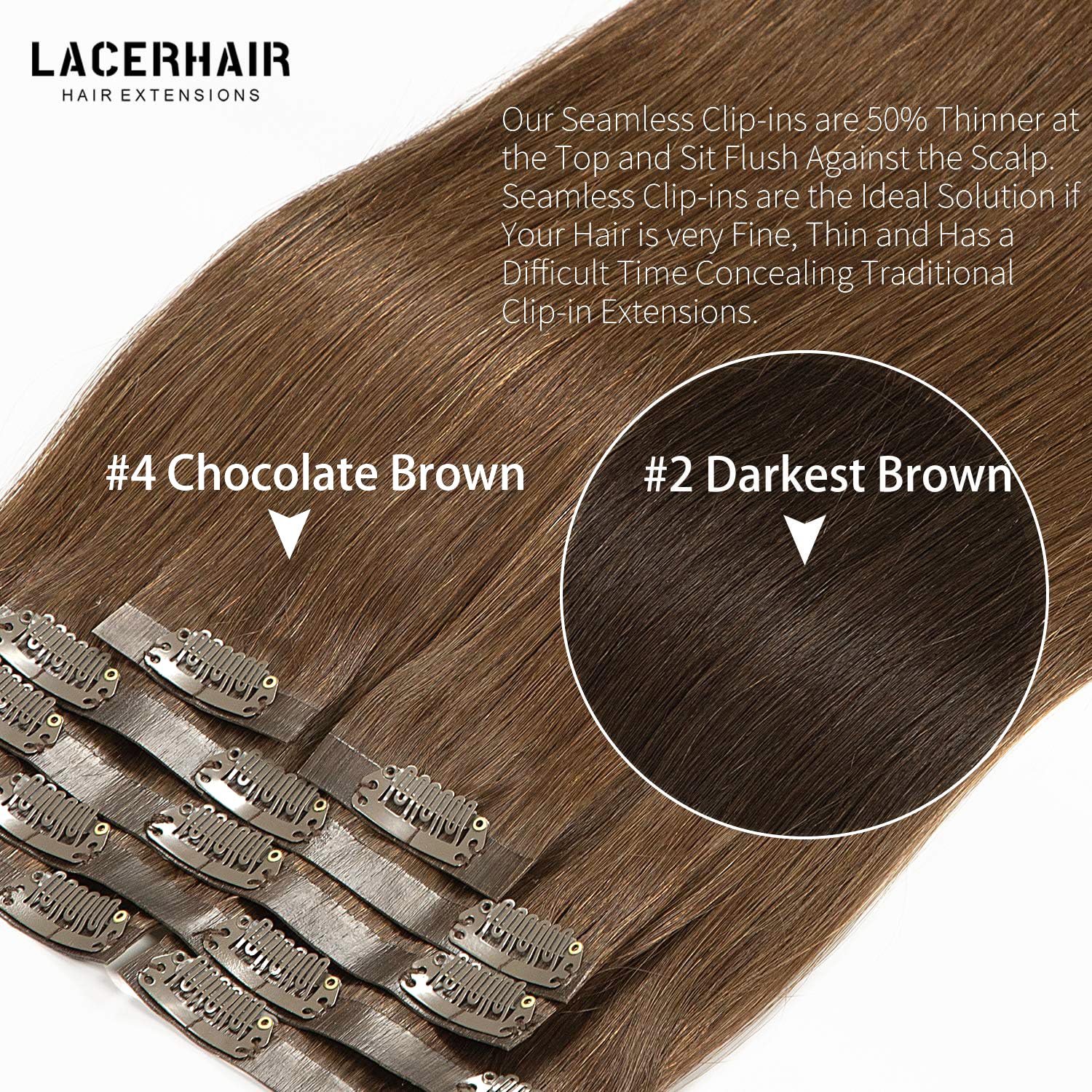 Lacer Hair Seamless Clip In Human Hair Extensions 9A Grade Virgin Hair Clip Ins With Invisible Tape Weft #4 Chocolate Brown Colo