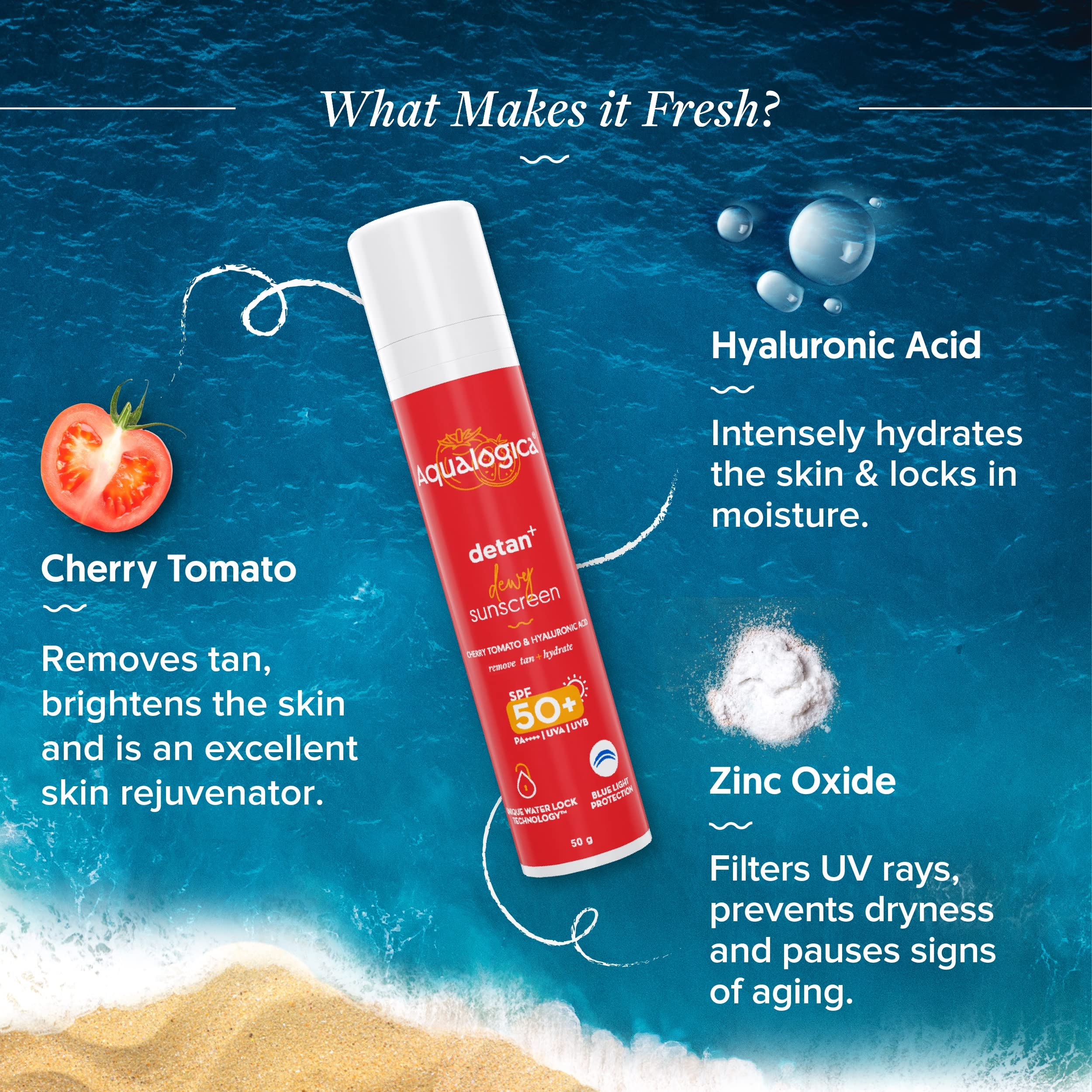 Aqualogica Detan+ Dewy Face Sunscreen with SPF 50+ & PA++++ | Blue Light Protection & No White Cast | Fights Sun Damage with Che