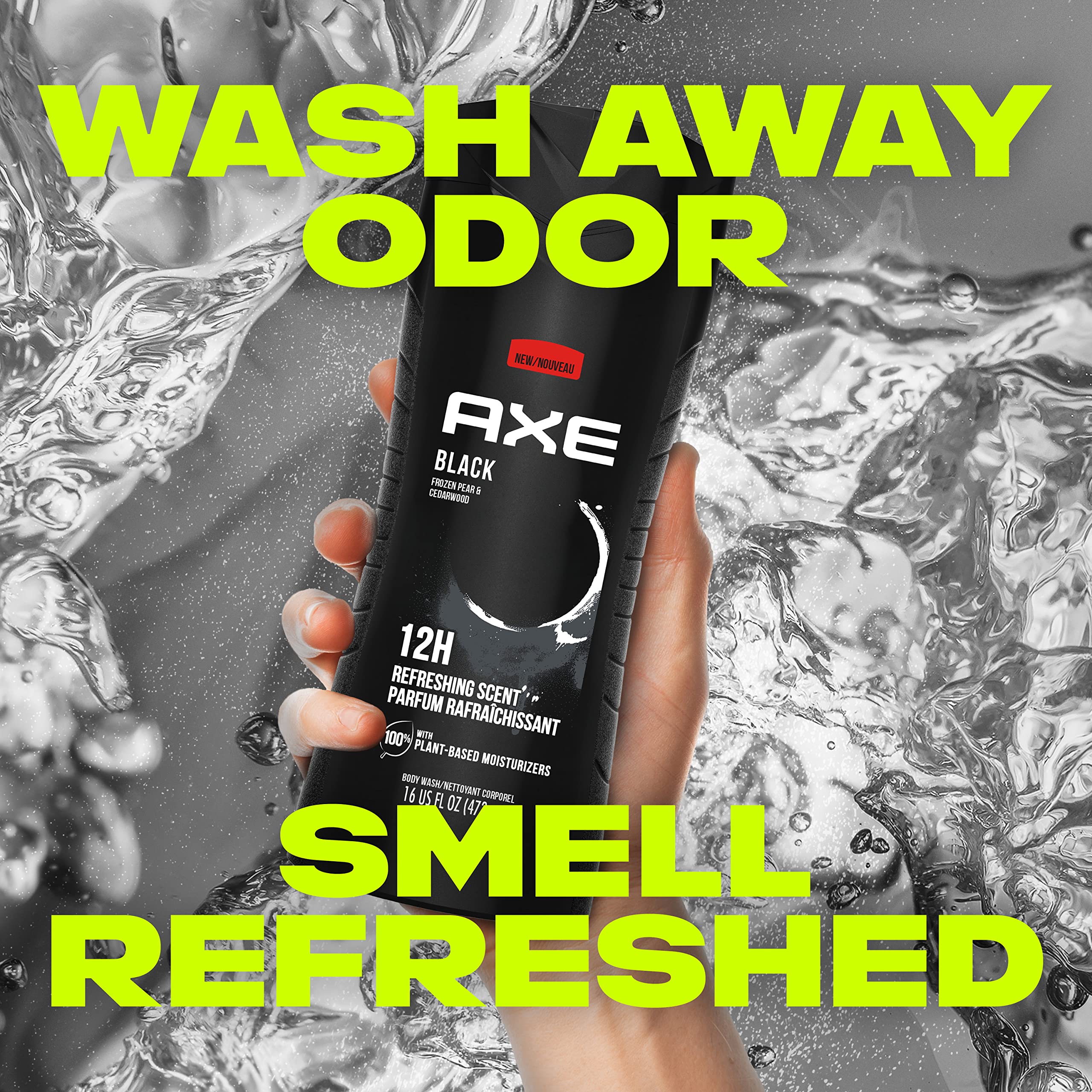 AXE Body Wash 12h Refreshing Scent Cleanser Black Frozen Pear and Cedarwood Men's Body Wash with 100 percent Plant-Based Moistur