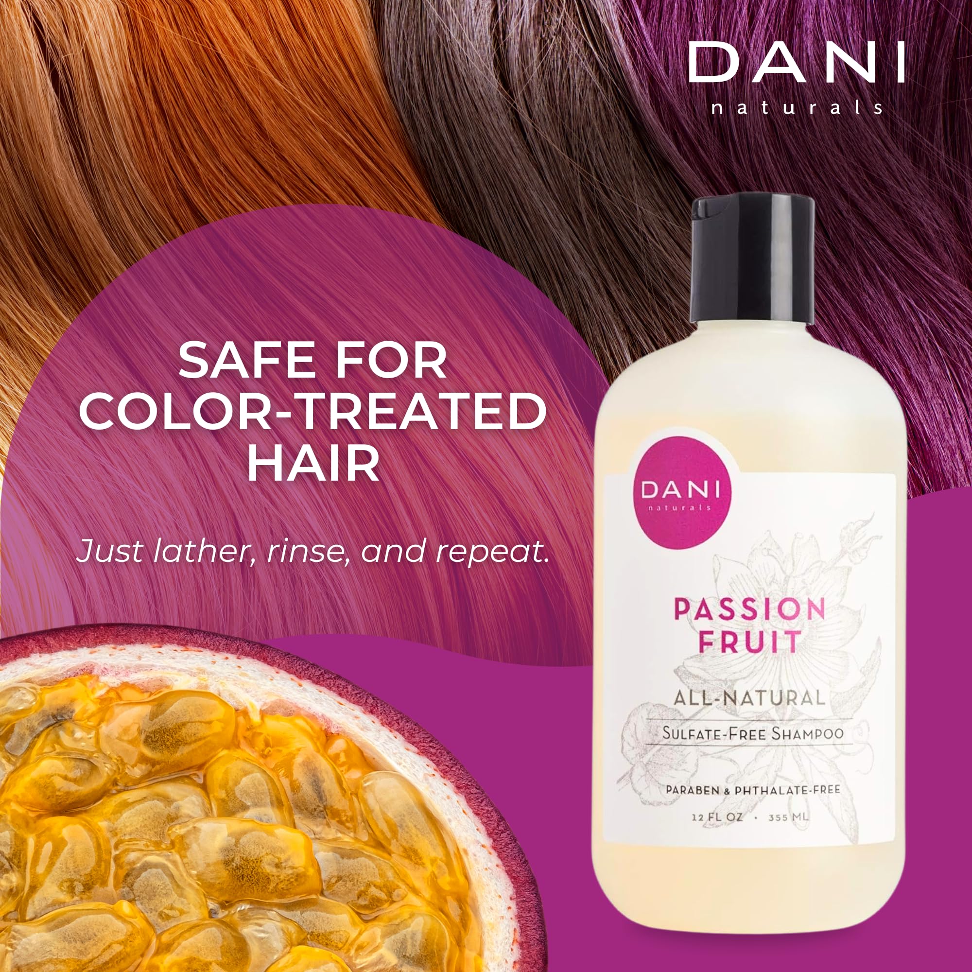 DANI Natural Moisturizing Shampoo Naturals - Juicy Passion Fruit Scent - Organic Aloe Vera & Coconut Cleansers - Sulfate, Phthal