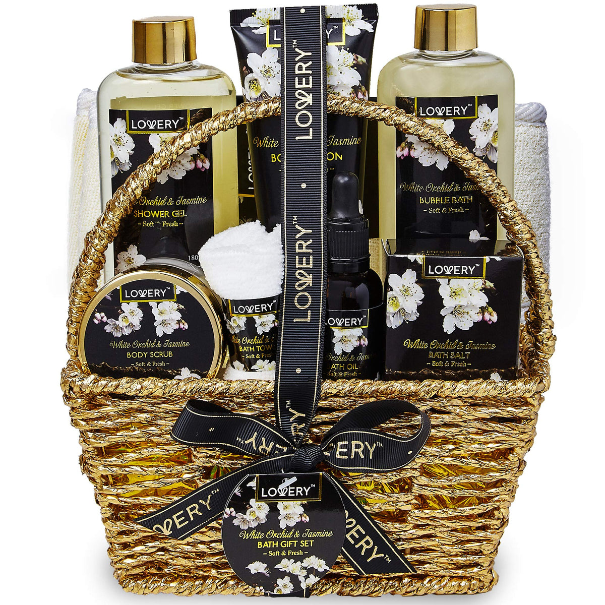 Birthday Gifts For Mom, Bath And Body Gift Basket For Women And Men - Orchid & Jasmine Home Spa Set With Body Scrubs, Lotions, O