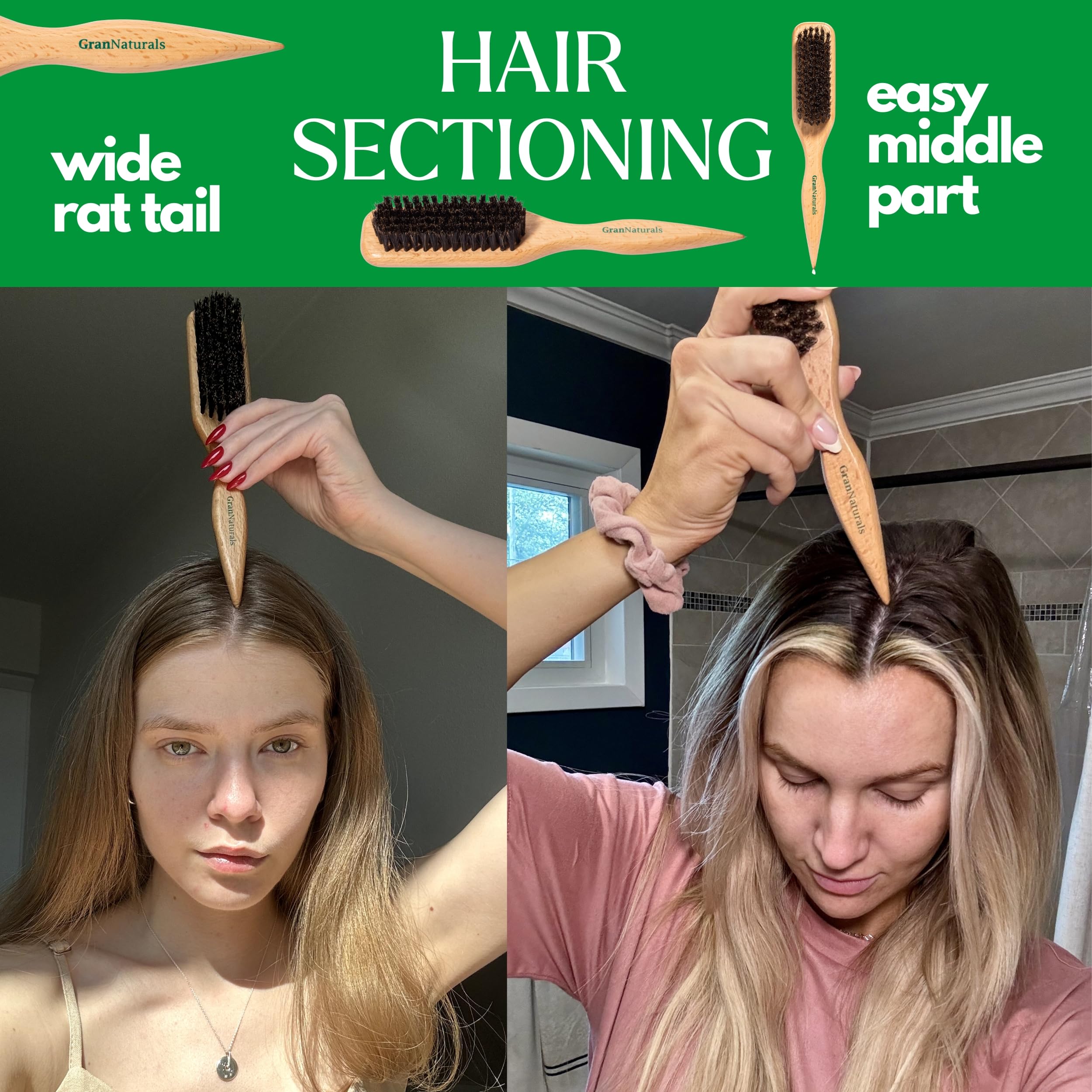 GranNaturals Boar Bristle Hair Brush for Ponytail & Bun - Smoothing, Teasing, Sectioning Tool
