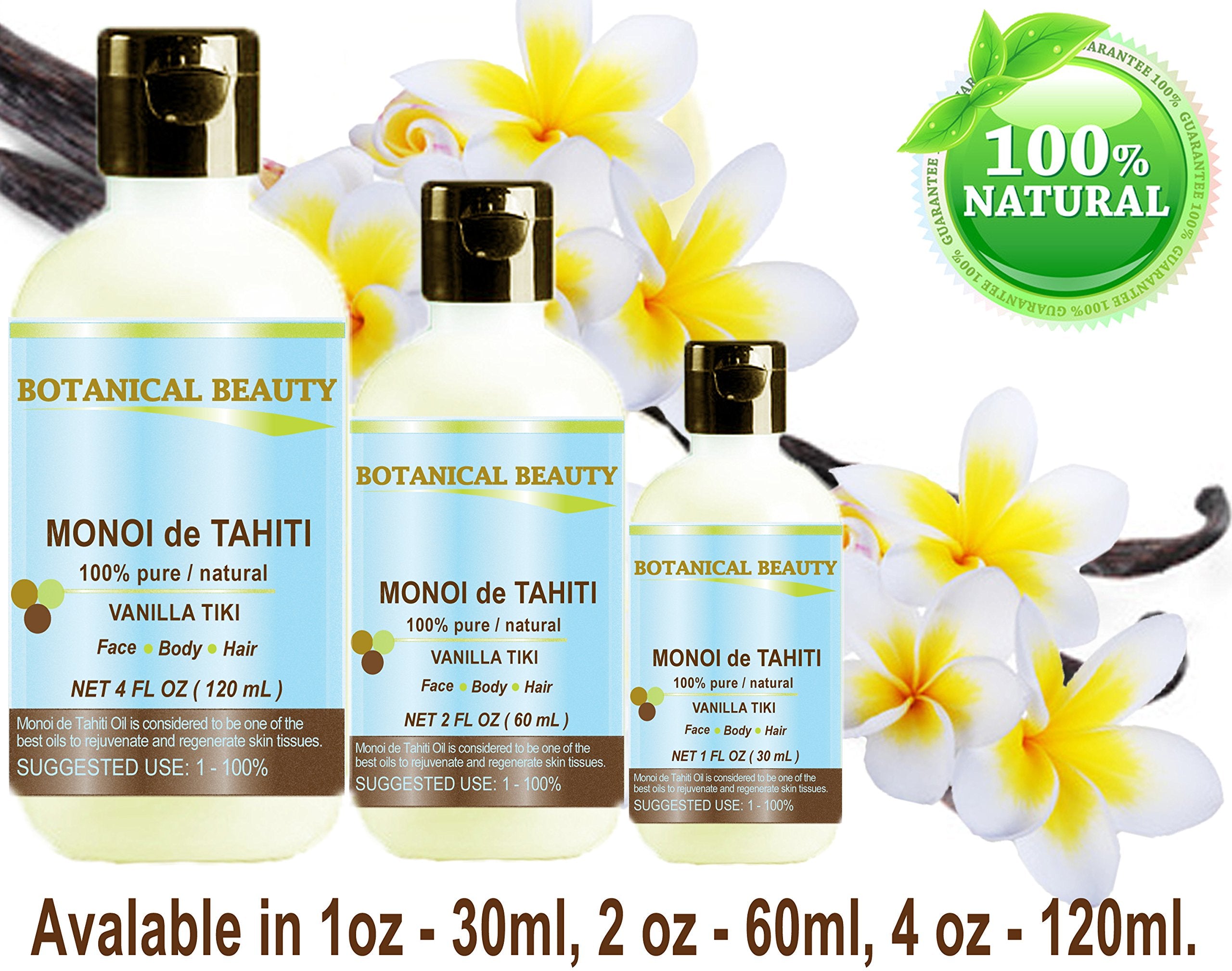 Botanical Beauty MONOI DE TAHITI Oil VANILLA TIKI 100% Pure Natural Undiluted Virgin For Face, Hair and Body 4 fl.oz.- 120 ml