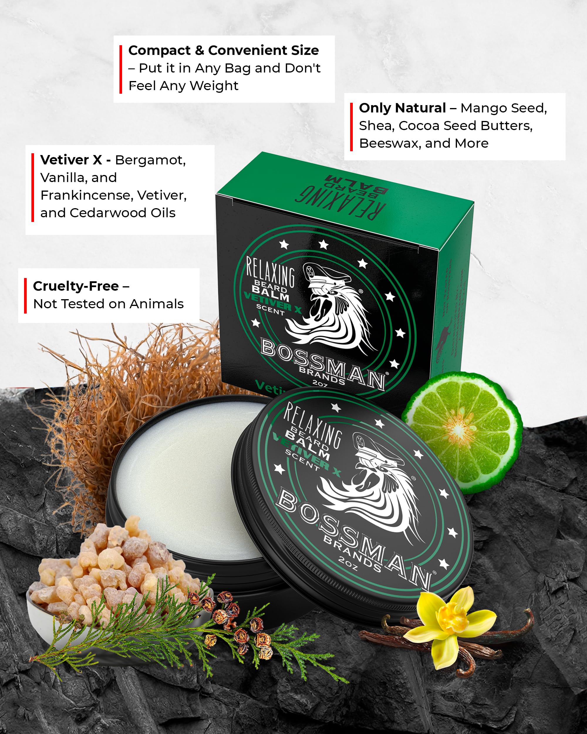 Bossman Relaxing Beard Balm - Tamer, Thickener, Relaxer And Softener Cream And Beard Care Product - Made In Usa (Vetiver X Scent
