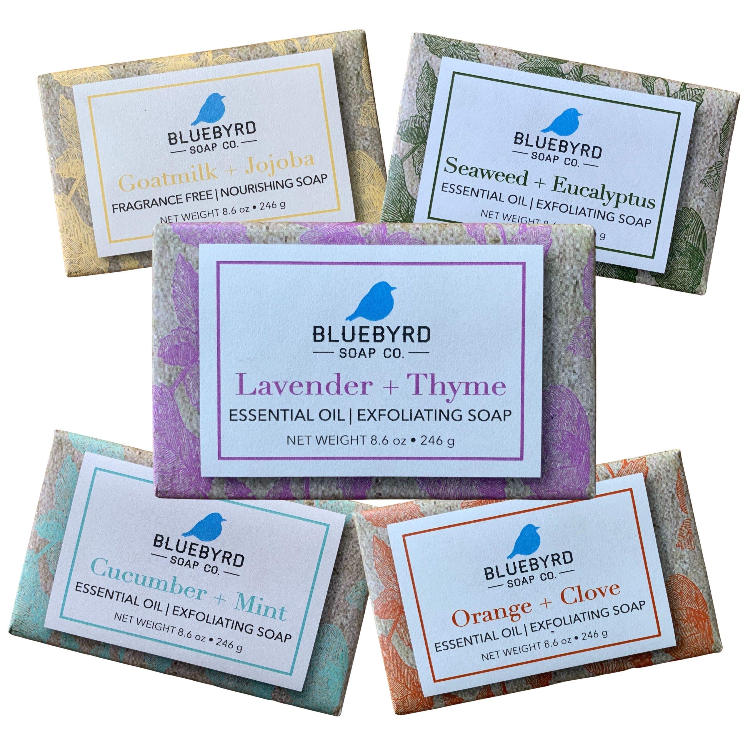 BLUEBYRD Soap Co. 5-Pack Variety Set Exfoliating Essential Oil Soap Bars | 100% Vegan Natural Bar Soap Gift | Cucumber Mint, Goa