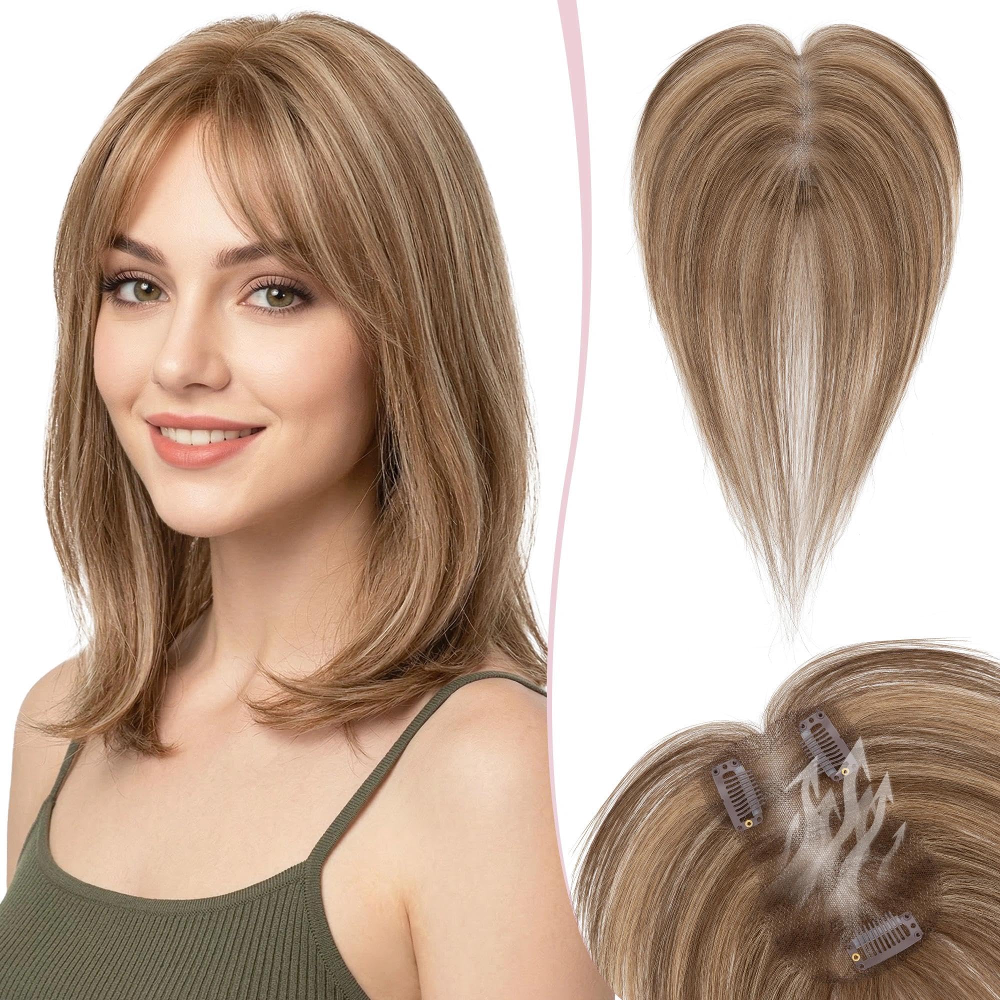 SEGO Hair Toppers for Women Real Human Hair With Side Bangs, Hand-tied No-Edge Invisible Breathable Fluffy Clip in Top Hairpiece