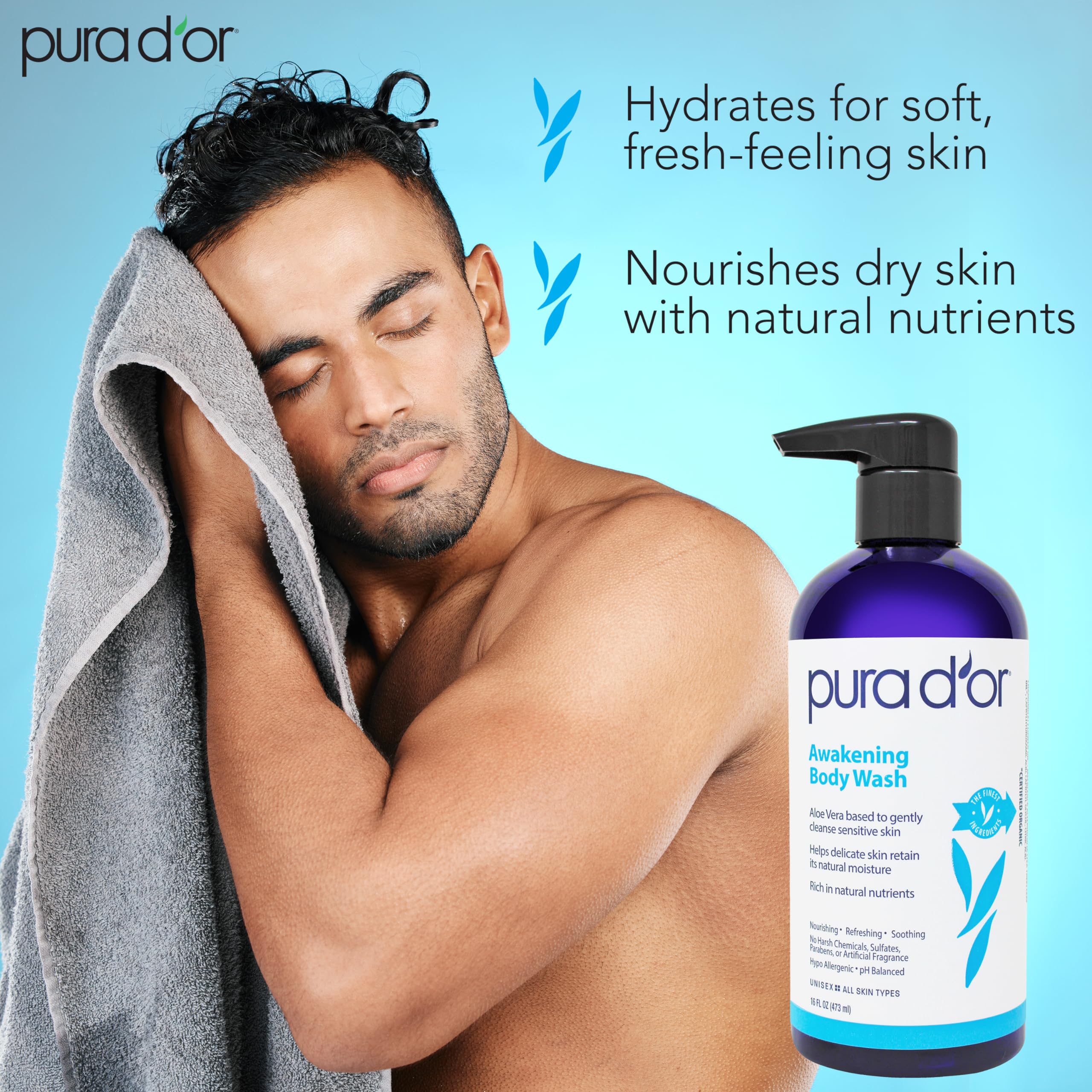 Pura D'Or Awakening Body Wash (16Oz) With Aloe Vera, Chamomile, Lavender, Tea Tree And Natural Nutrients - Ph Balanced For Moist