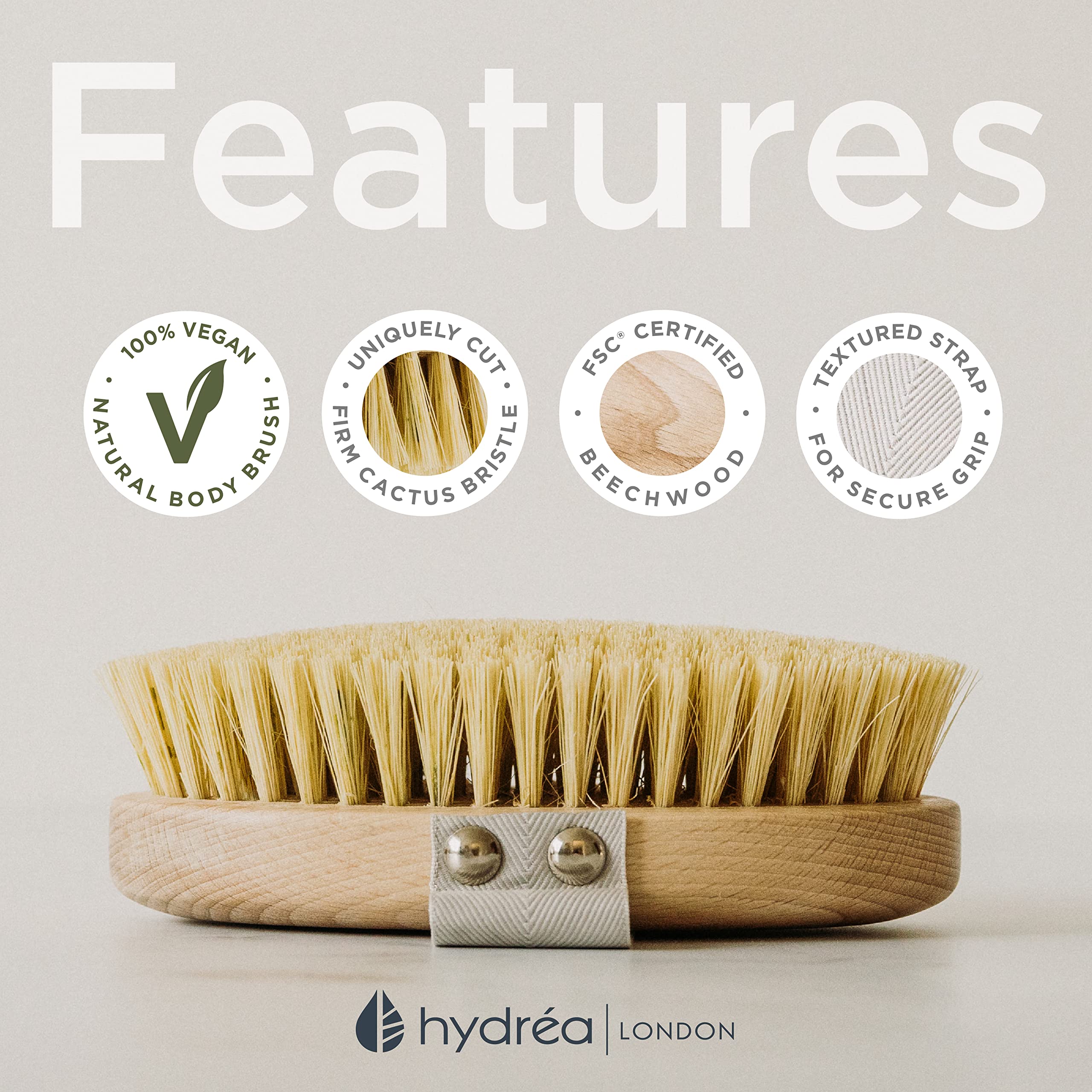 Hydrea London Dry Brushing Body Brush with Cactus Bristle - Dry Brush for Skin, Cellulite Remover, Vegan Best Dry Brush for Flaw