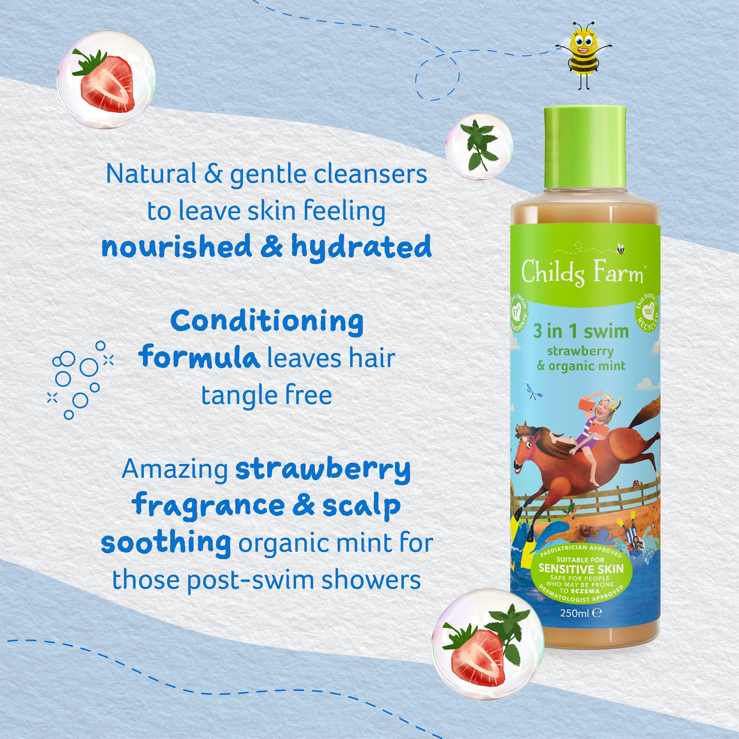 Childs Farm, Kids 3 in 1 Swim, Strawberry and Organic Mint 250 ml, Body Wash, Shampoo and Conditioner, Suitable for Dry, Sensiti