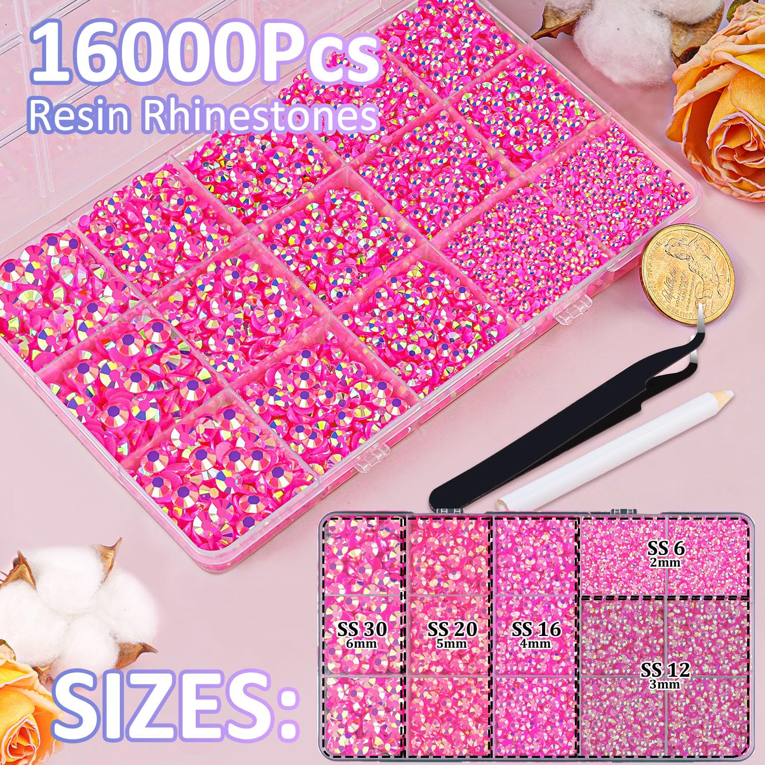 16000Pcs Resin Jelly Rhinestones With Tweezers For Crafting, Hot Pink Ab 2-6Mm Mixed Sizes Flatback Gems, Bedazzling Crystal For