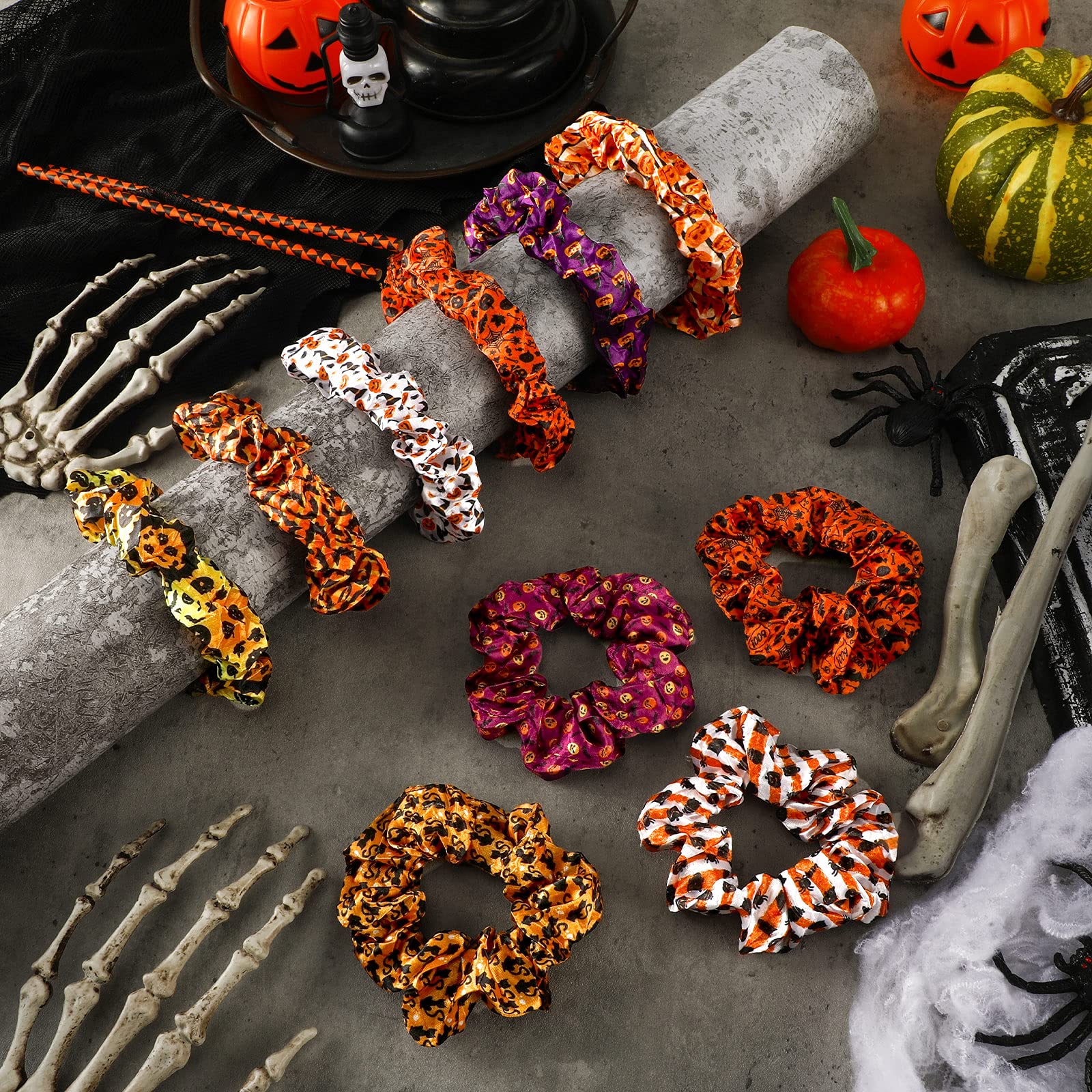 12 Pcs Halloween Hair Scrunchies Hair Accessories For Women Hair Ties Pumpkin Halloween Gifts Bat Elastic Satin Ponytail Holders
