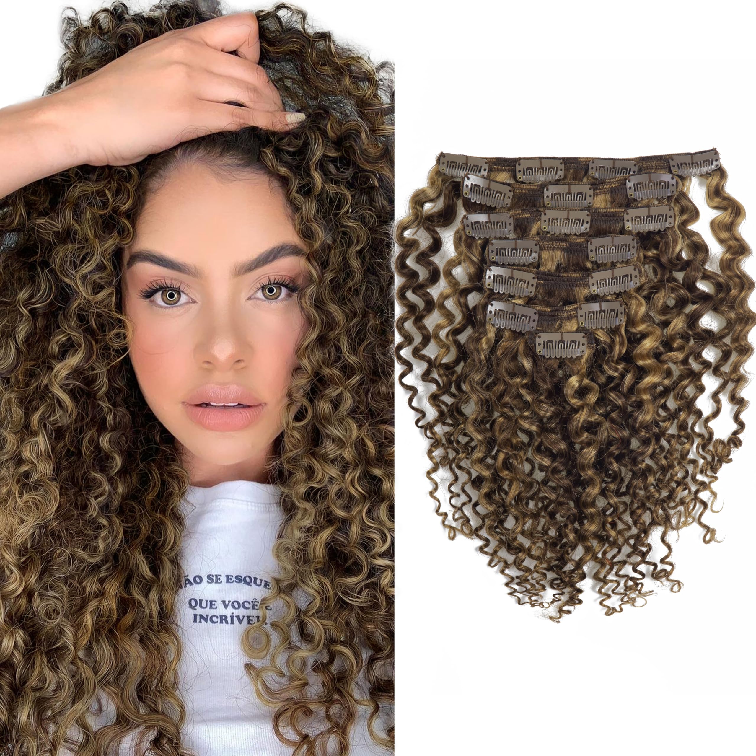Natural Curly Clip in Human Hair Extensions 22Inch Jerry Curly Clip in Hair Extensions Chocolate Brown Mixed with Strawberry Blo