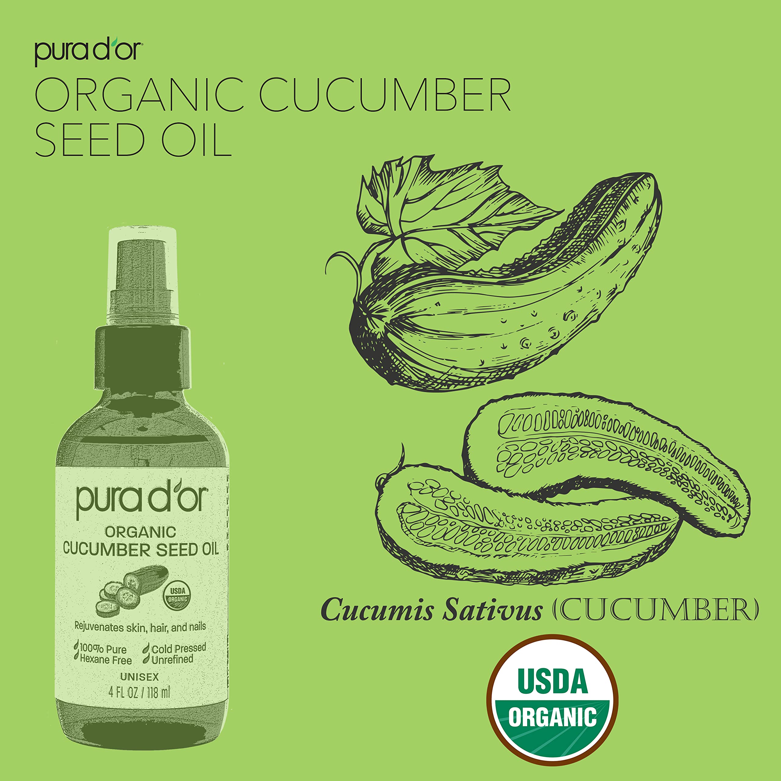 Pura D'Or 4 Oz Organic Cucumber Seed Oil100% Pure Usda Certified Premium Grade All Natural Moisturizer, Cold Pressed, Unrefined,
