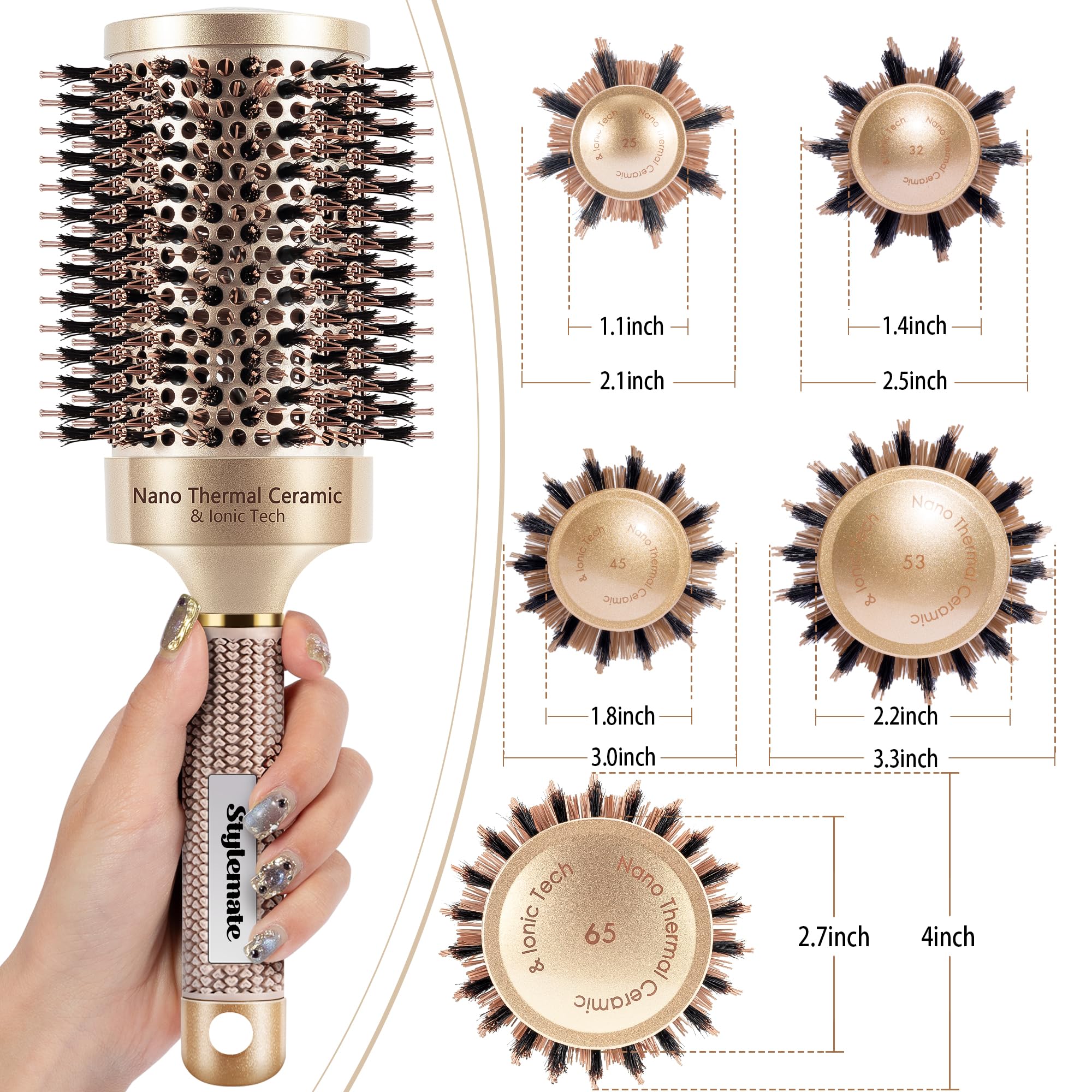 Round Brush for Blow Out, Nano Thermal Ceramic & Ionic Tech Round Barrel Roller Hair Brush with Boar Bristles for Blow Drying an
