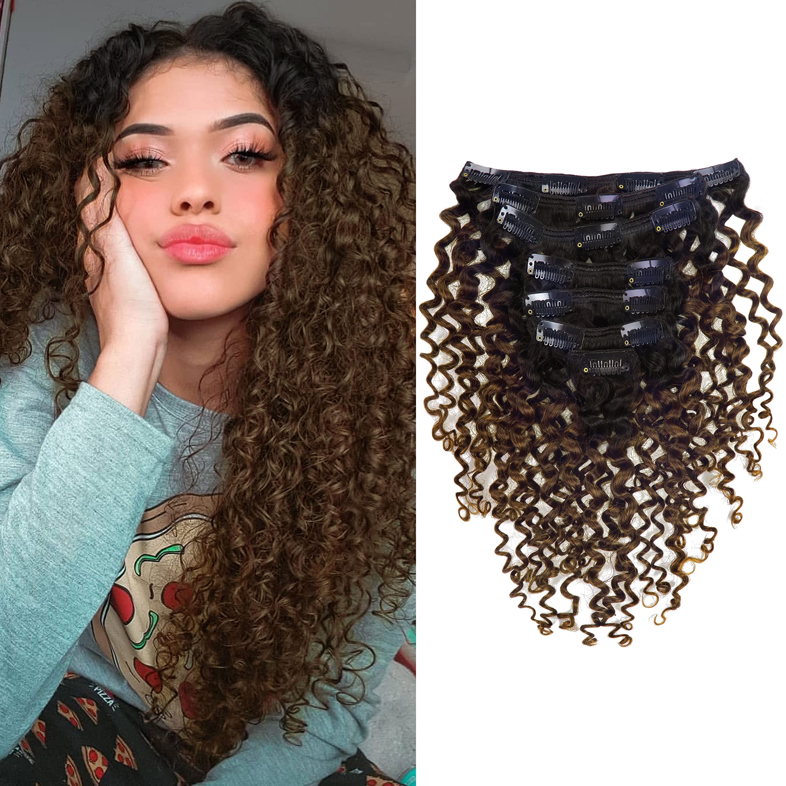Anrosa Jerry Curly 20inch Human Hair Clip In Extensions For Black Women Ombre Natural Black #1B Fading To Dark Brown #4 Color Cl