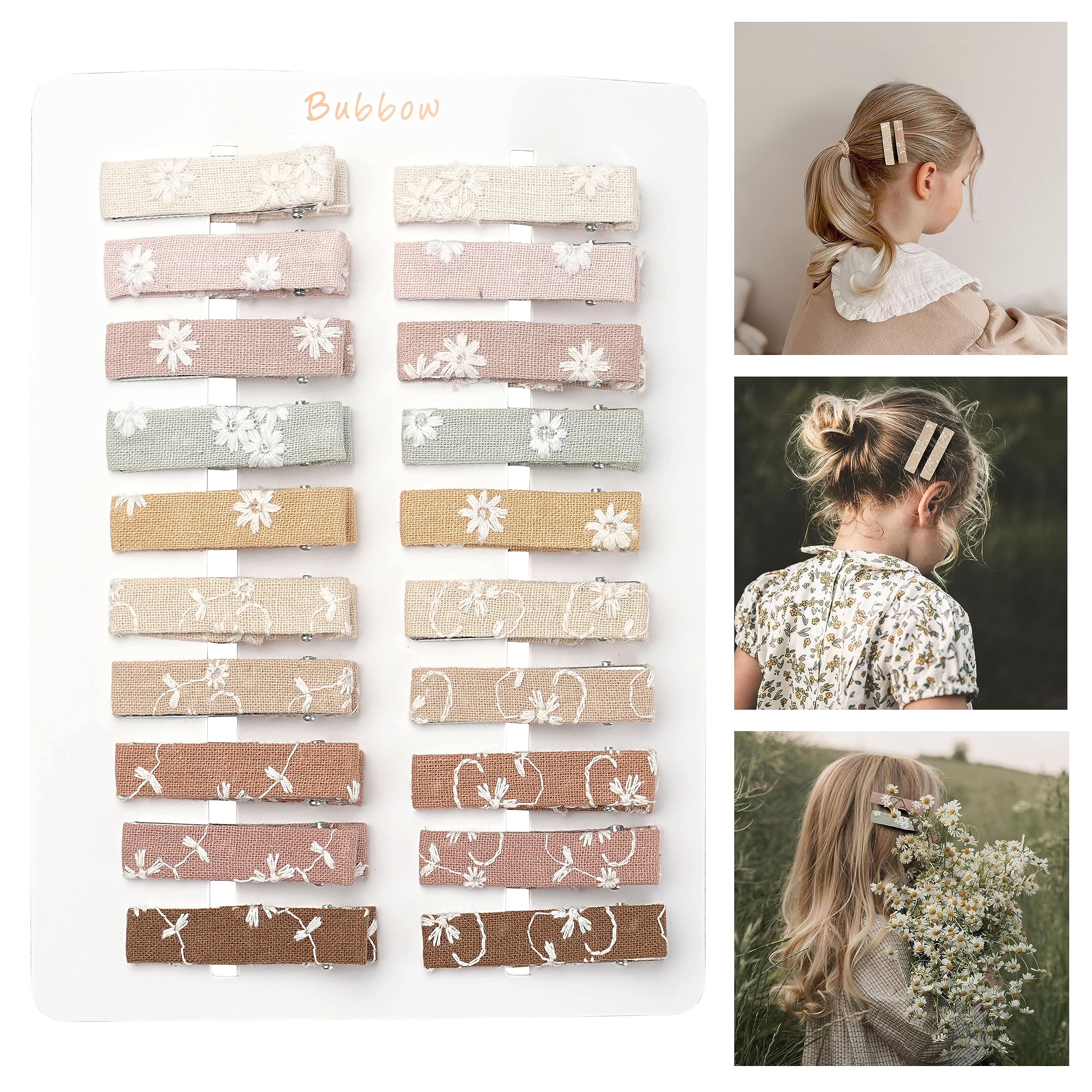 Bubbow 20pcs Hair Clips For Women Girls Toddler Baby Bang,Fully Lined Alligator Barrettes with Linen Flower Embroidery,Handmade 