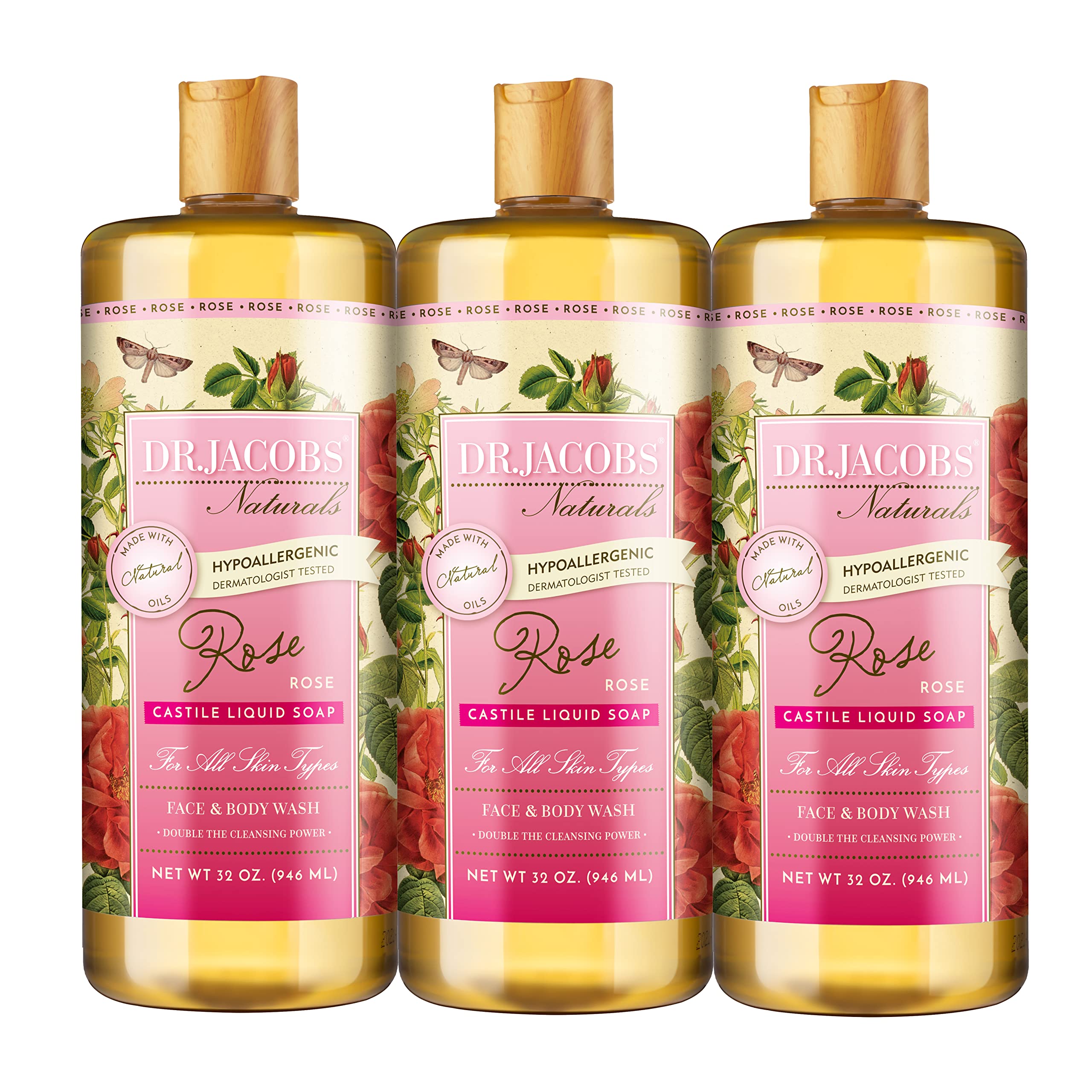 Dr Jacobs Naturals Pure Castile Liquid Soap Gel - Calming (Rose, 32 Oz 3-Pack) Made With Premium Organic Oils - Vegan, No Palm O