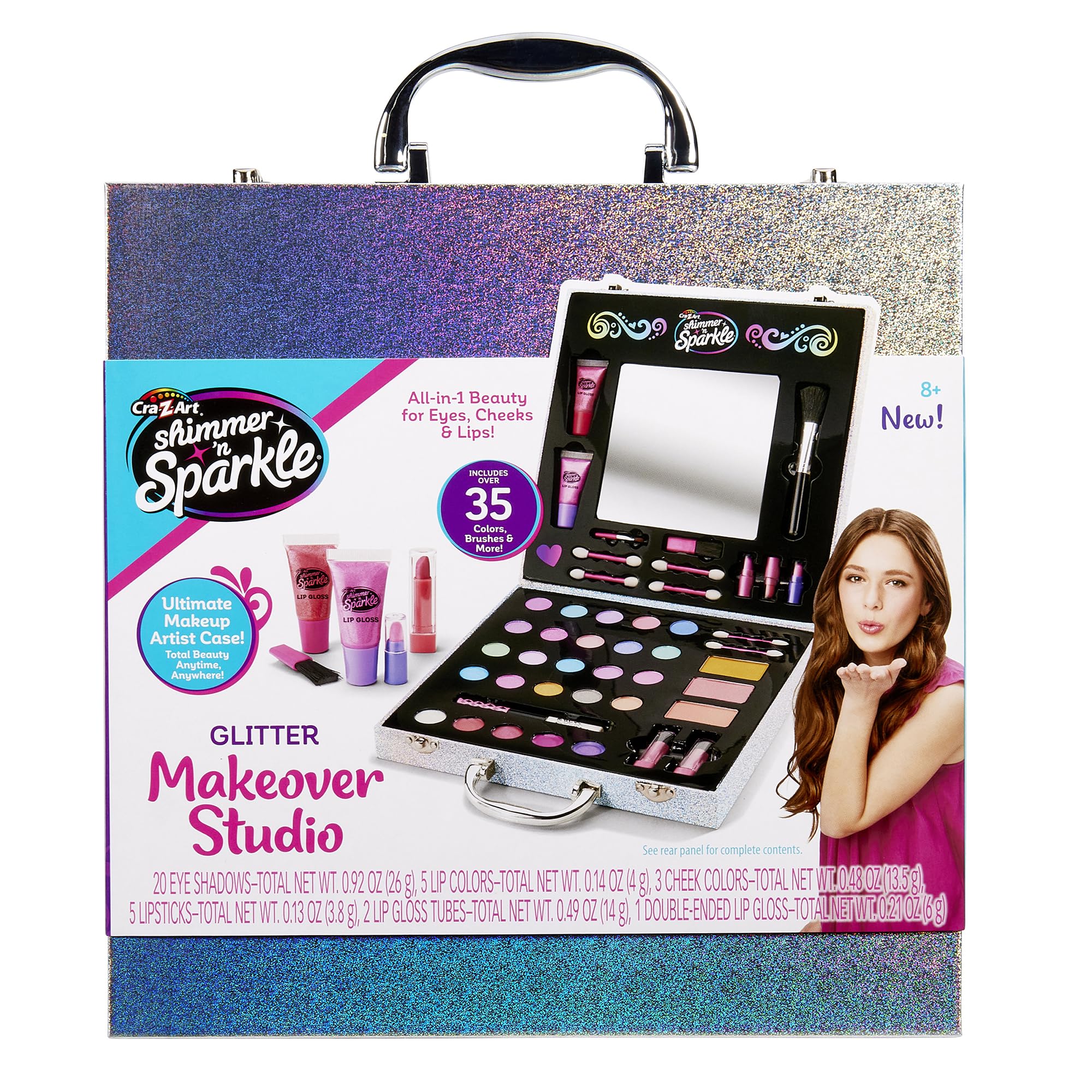 Shimmer 'n Sparkle Glitter Makeover Studio Beauty Kit - All-in-One Beauty for Eye, Cheeks and Lips for Ages 8 and Up