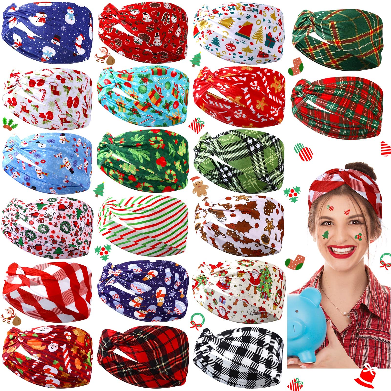 Giegxin 20 Pcs Christmas Headbands Christmas Costumes Accessories for Women Costume Party Elastic Knot Hair Wraps (Snowman Style