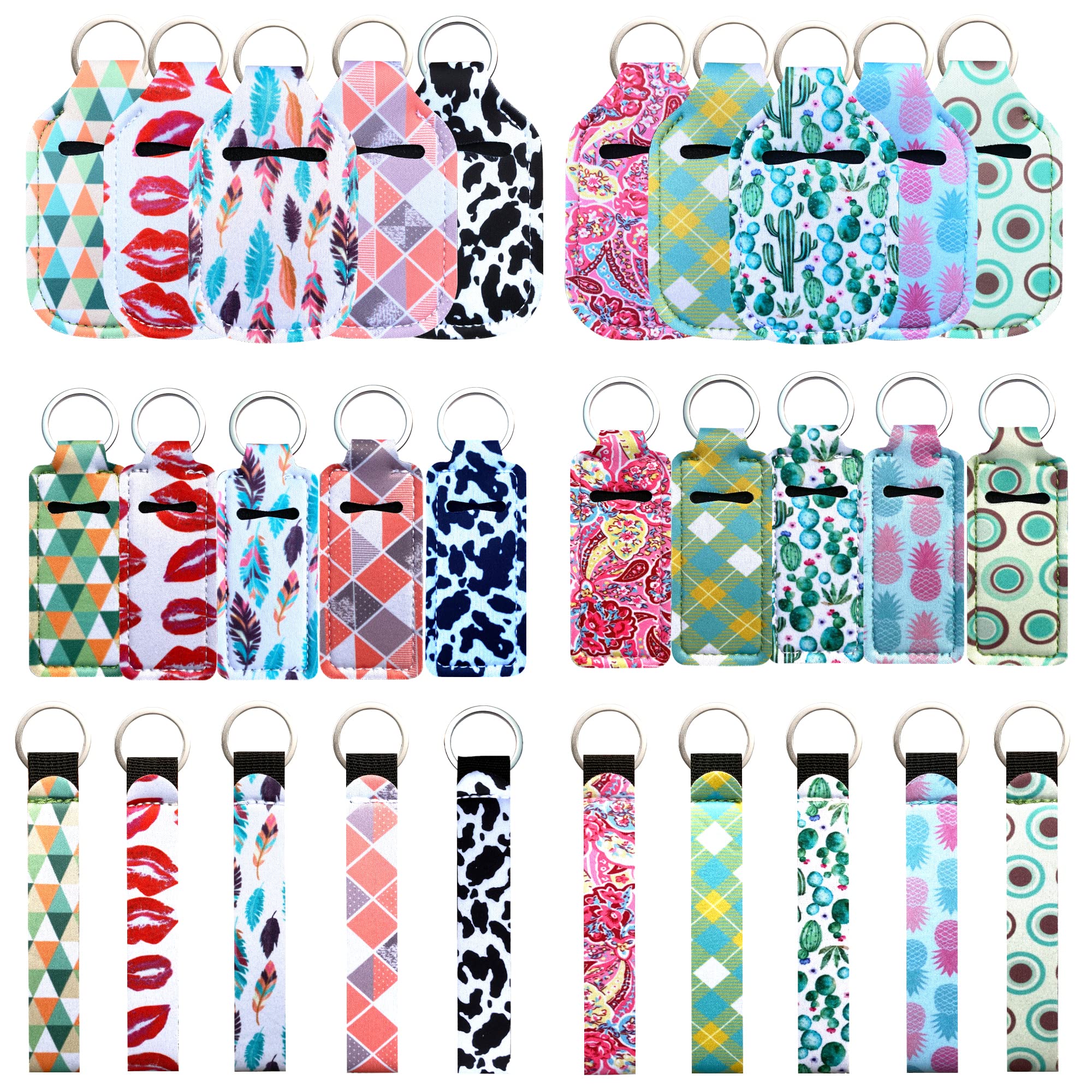 PUEZOKLY 40pcs Travel Bottles Keychain Set with Wristlet Chapstick Holders keychain Hand Sanitizer Holder Key chain with Empty B
