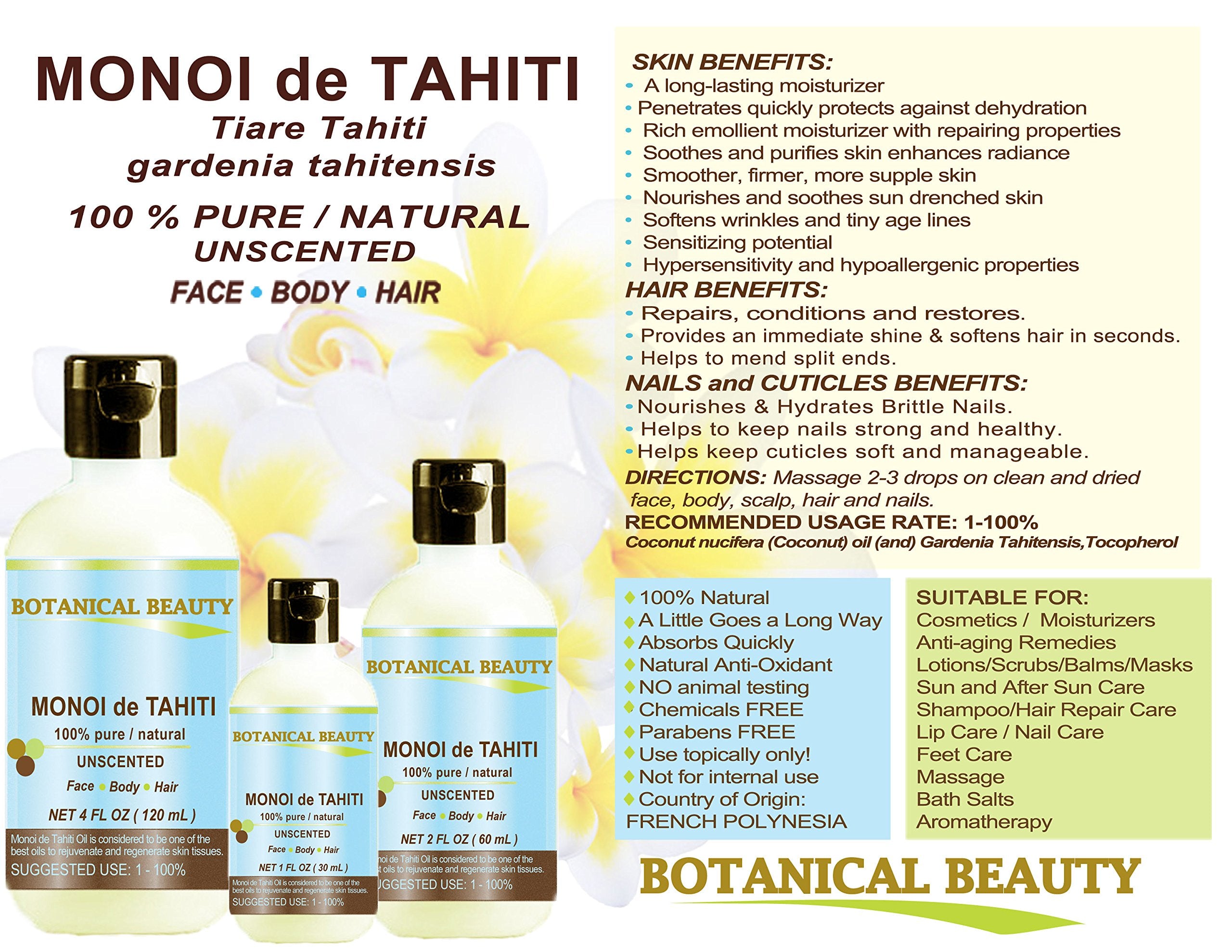Monoi De Tahiti Oil 100% Pure Natural Cold Pressed Undiluted Virgin Unscented For Face, Hair and Body. 4 fl.oz.- 120 ml by Botan