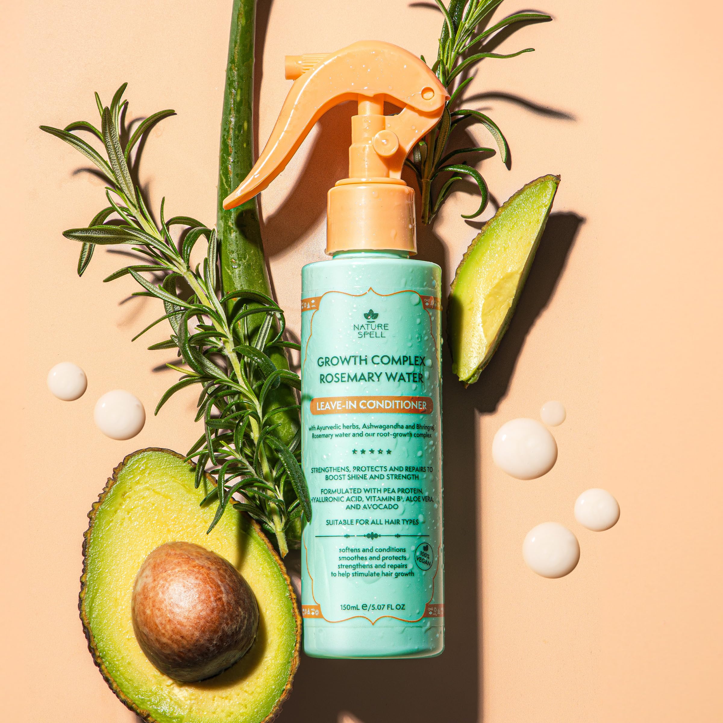 Nature Spell Rosemary Water Leave in Conditioner, Promotes Hair Growth, Heat Protection Spray, Detangling, Smoothes & Adds Shine