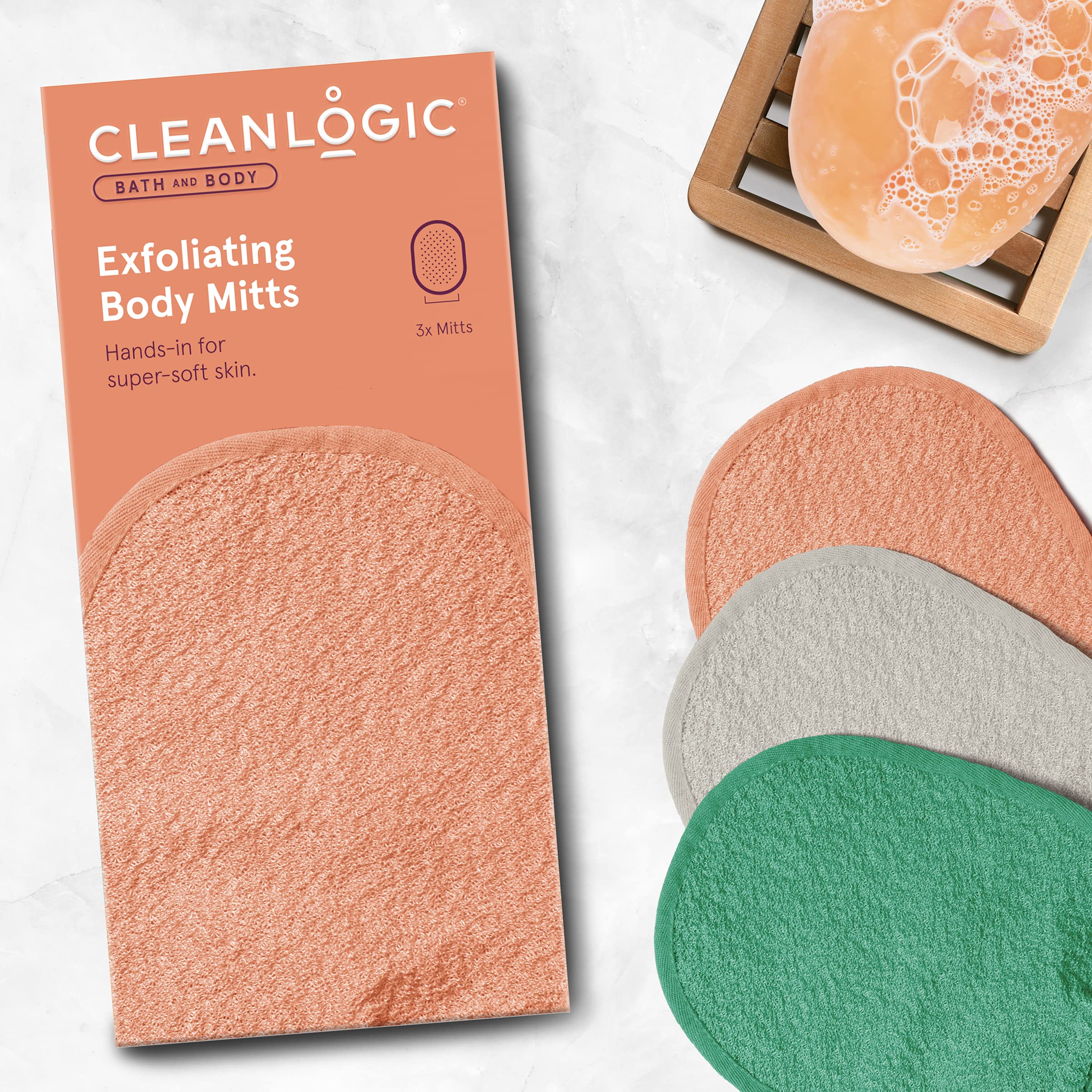 Cleanlogic Bath & Body Exfoliating Face & Body Grooming Mitt, Assorted Colors, 3 Count