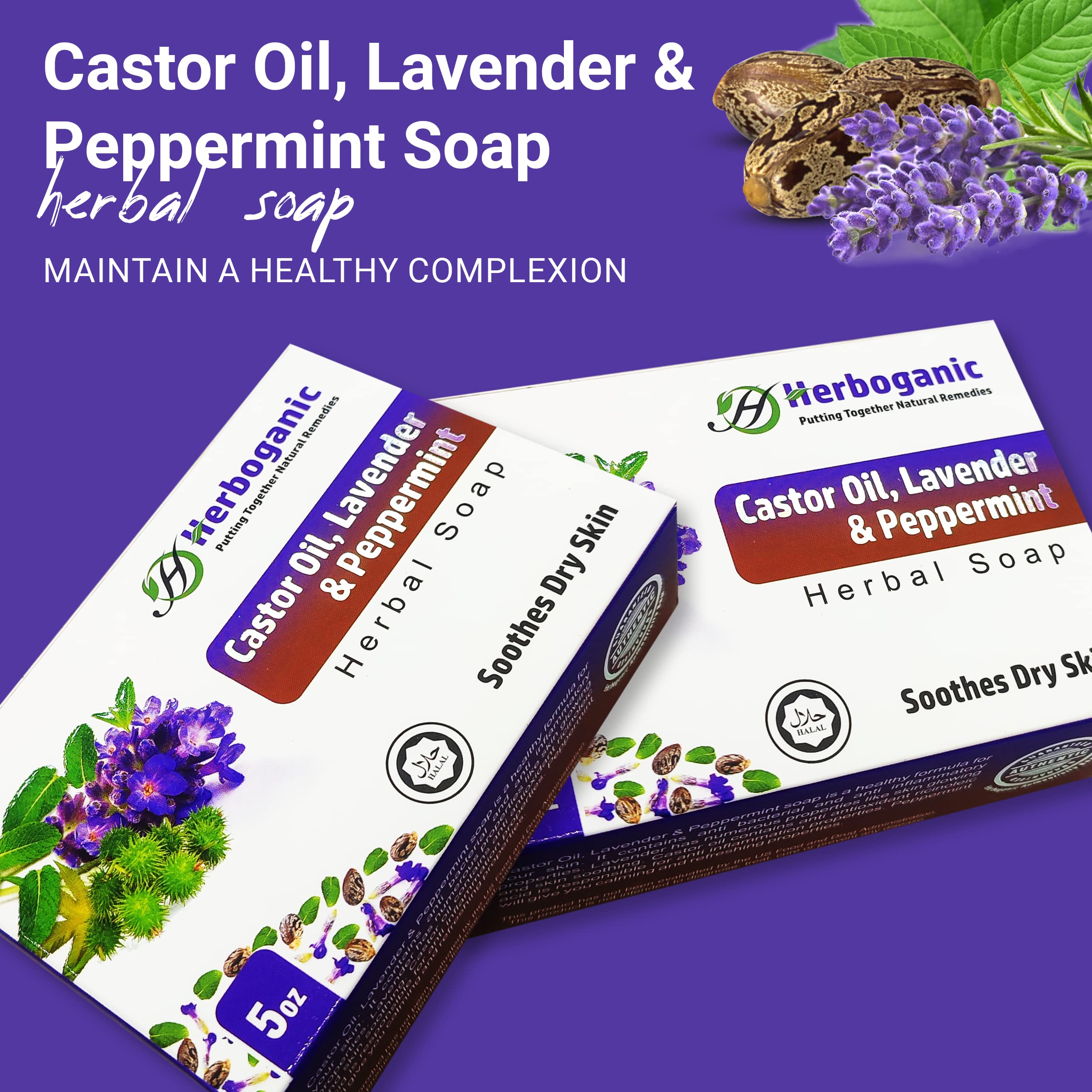HERBOGANIC Castor Oil, Lavender and Peppermint Herbal Soap | Natural Bar Soap for Face and Body | Soothes Dry Skin | Infused wit