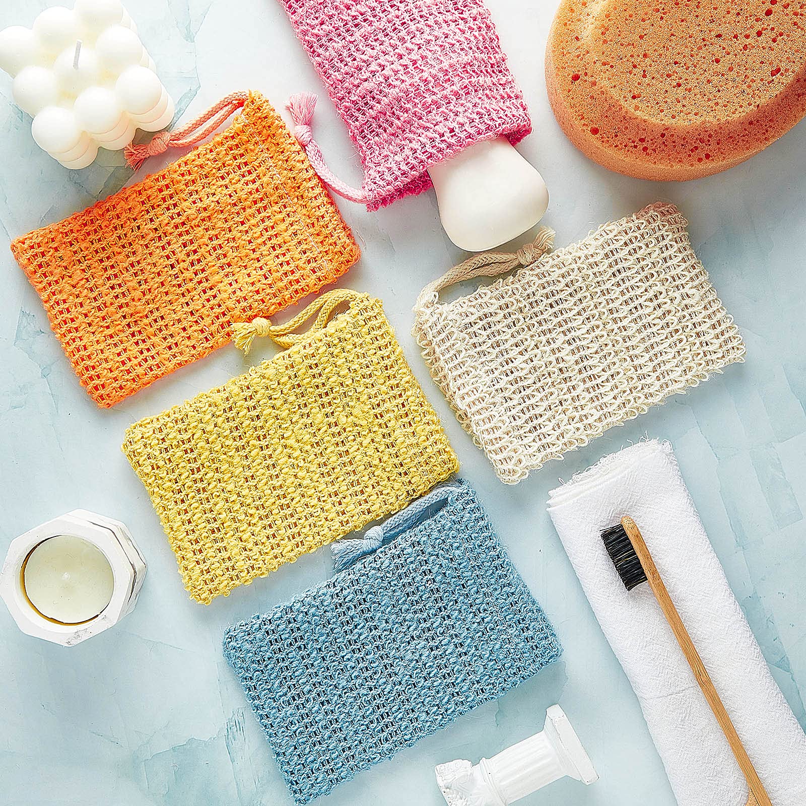 15 Pieces Soap Saver Bag Exfoliating Soap Pouch Sisal Mesh Soap Bag Drawstring (Natural, Pink, Blue, Yellow, Orange)