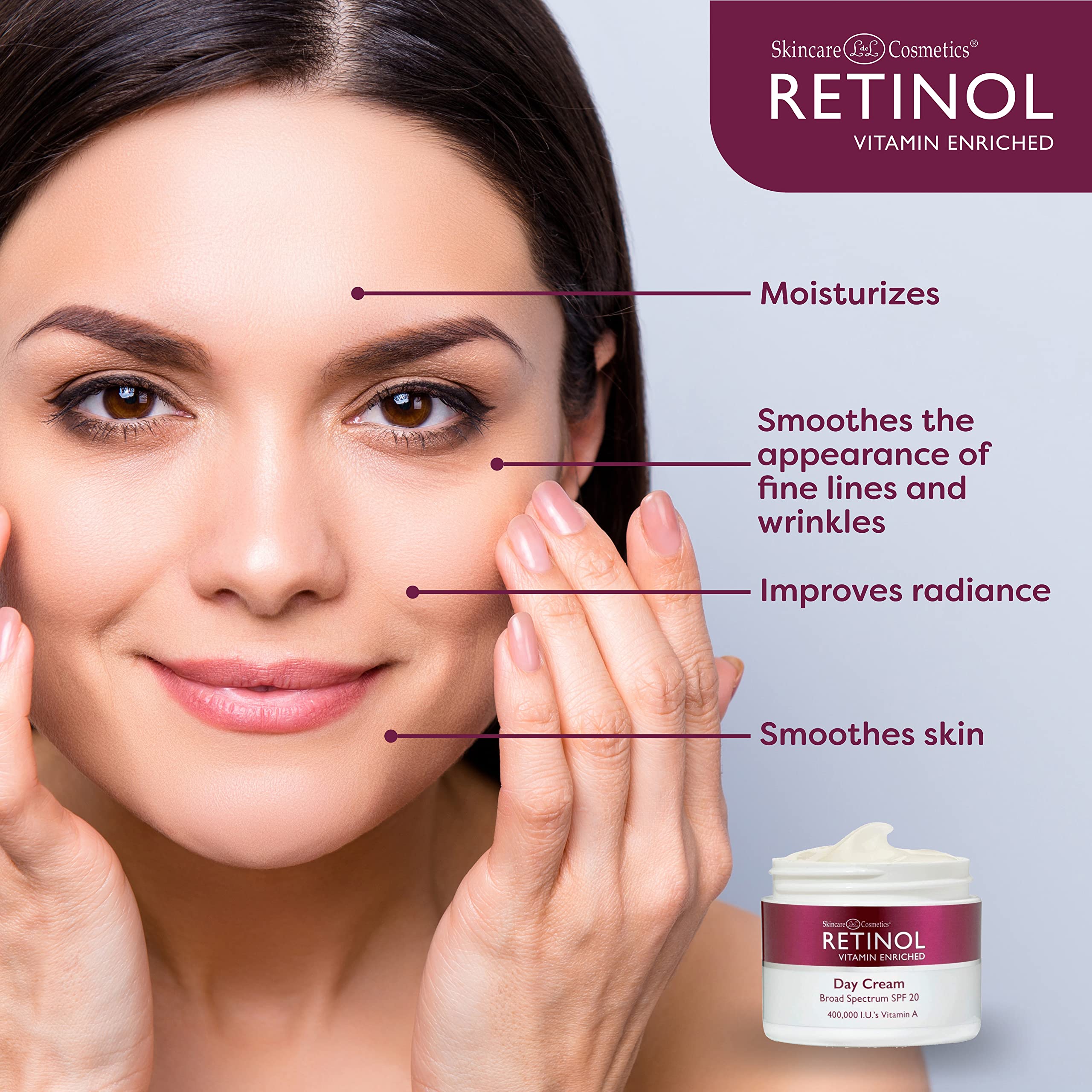Retinol Day Cream SPF 20 - Moisturizes, Reduces Fine Lines, 1.7 Oz - Broad Spectrum Sun Protection by LdeL Cosmetics