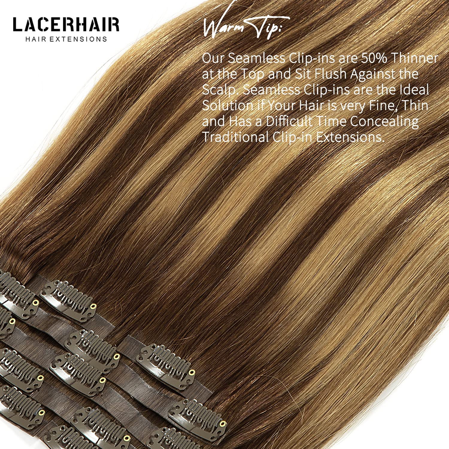 LacerHair PU Clip in Hair Extensions Remy Human Hair Chocolate Brown to Caramel Blonde with Brown Roots 22 Inch Thick Remy Glam