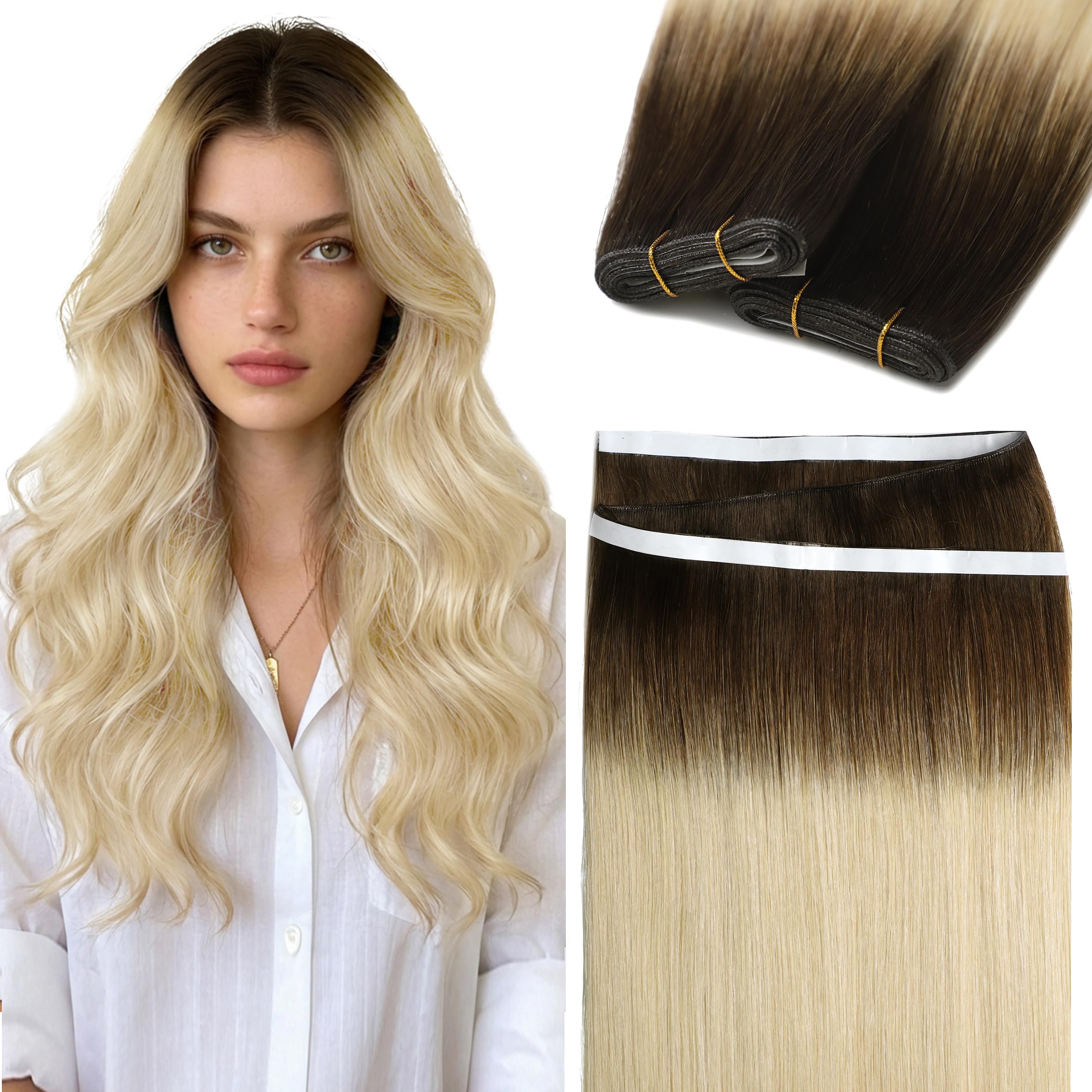 Caliee Genius Wefts Human Hair Extensions Tape in Width 31.5 (80cm) Invisible Tape in Hair Extensions Human Hair Rooted Darkest