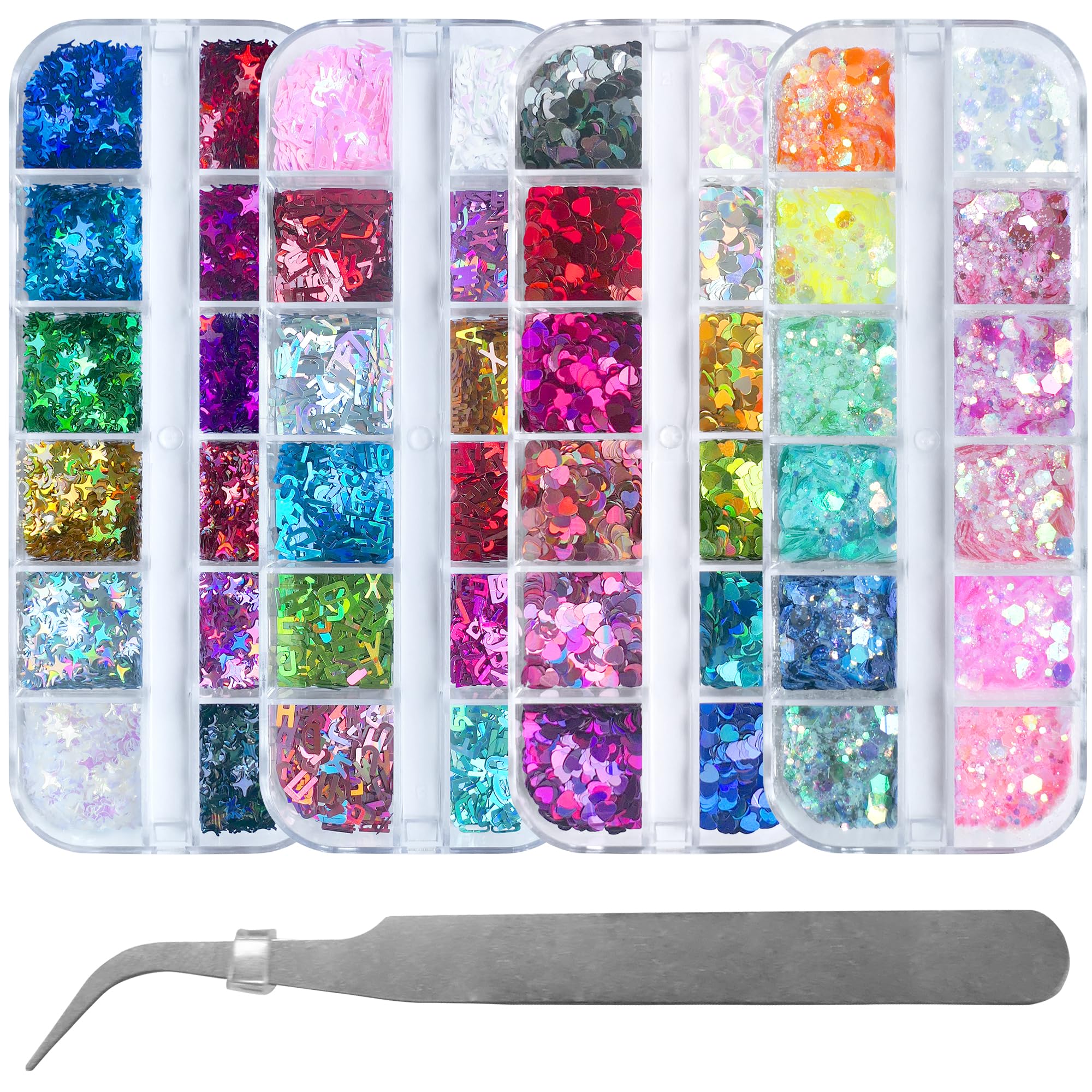 LoveOurHome 4 Boxes Holographic Nail Glitters Sequins Set Iridescent Heart Alphabet Letter Star Chunky Glitter Flakes Acrylic Na