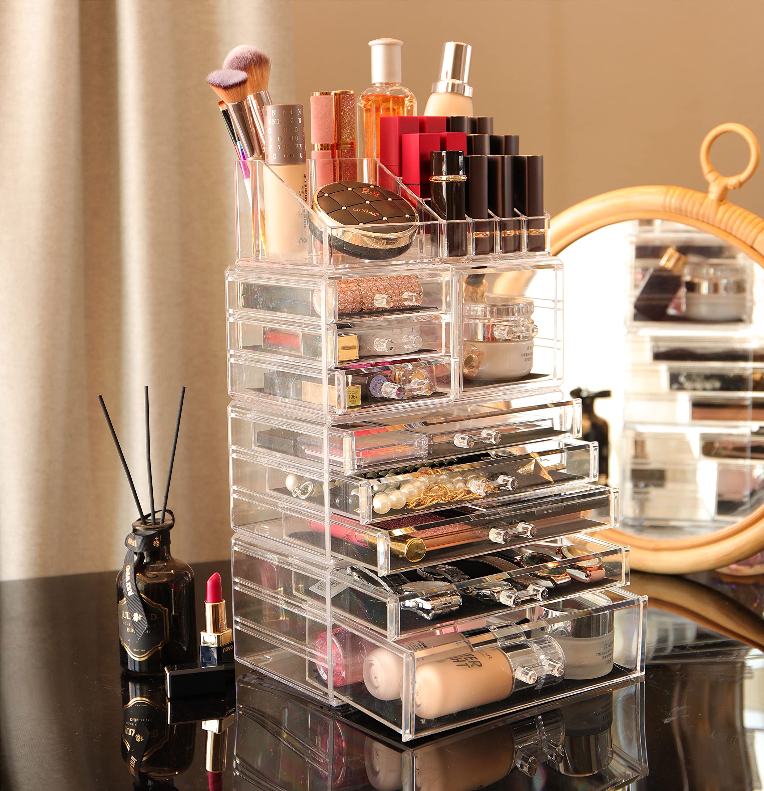 Cq acrylic 4 Pack Clear Make up Organizer Countertop,Stackable 9 Drawers Makeup Storage,Cute Vanity Organizers for dresser Hair