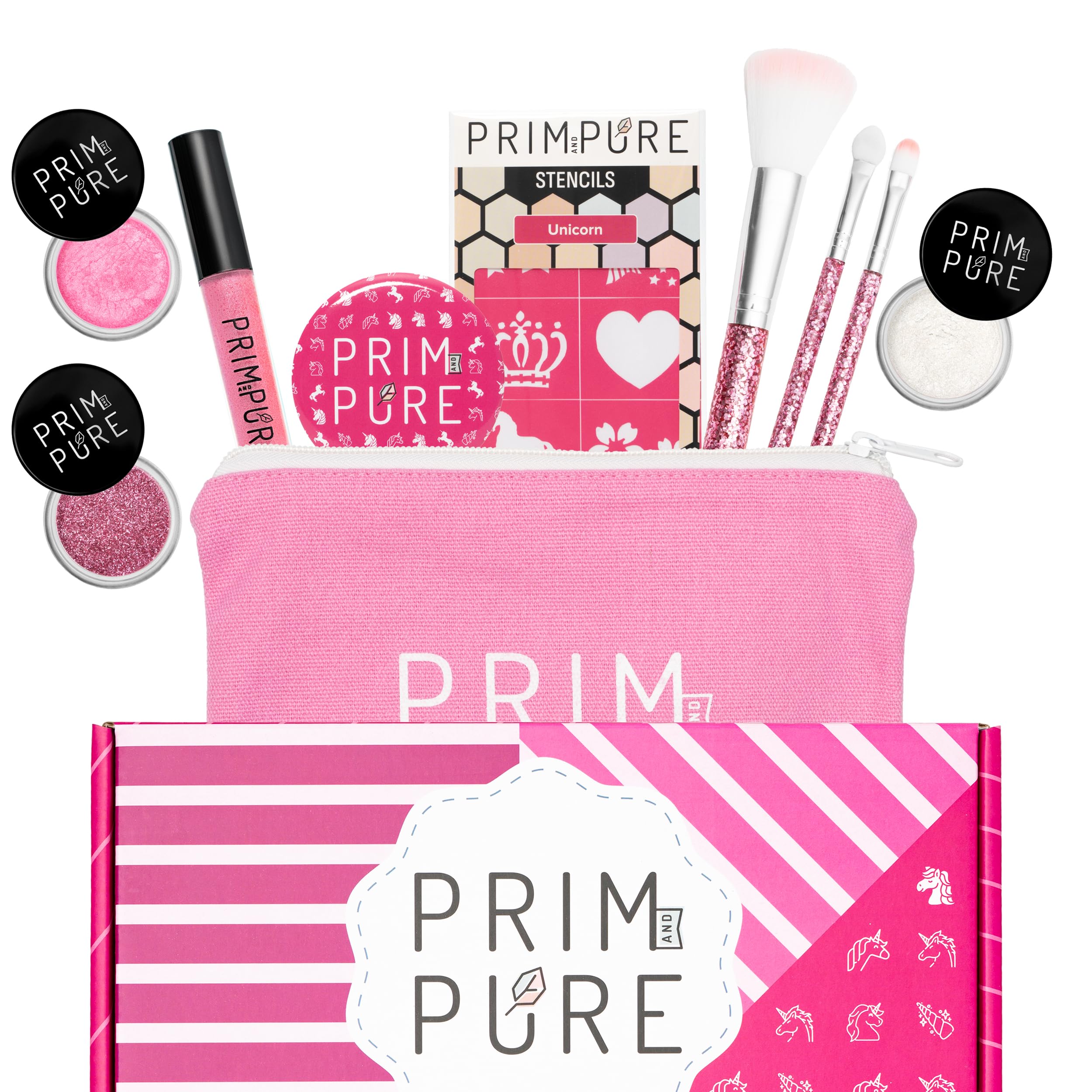 Prim and Pure Kids Makeup Gift Set - Stencil, Makeup Eyeshadow Bioglitter Lip Gloss and Cosmetic Bag Mirror Makeup Brush Accesso