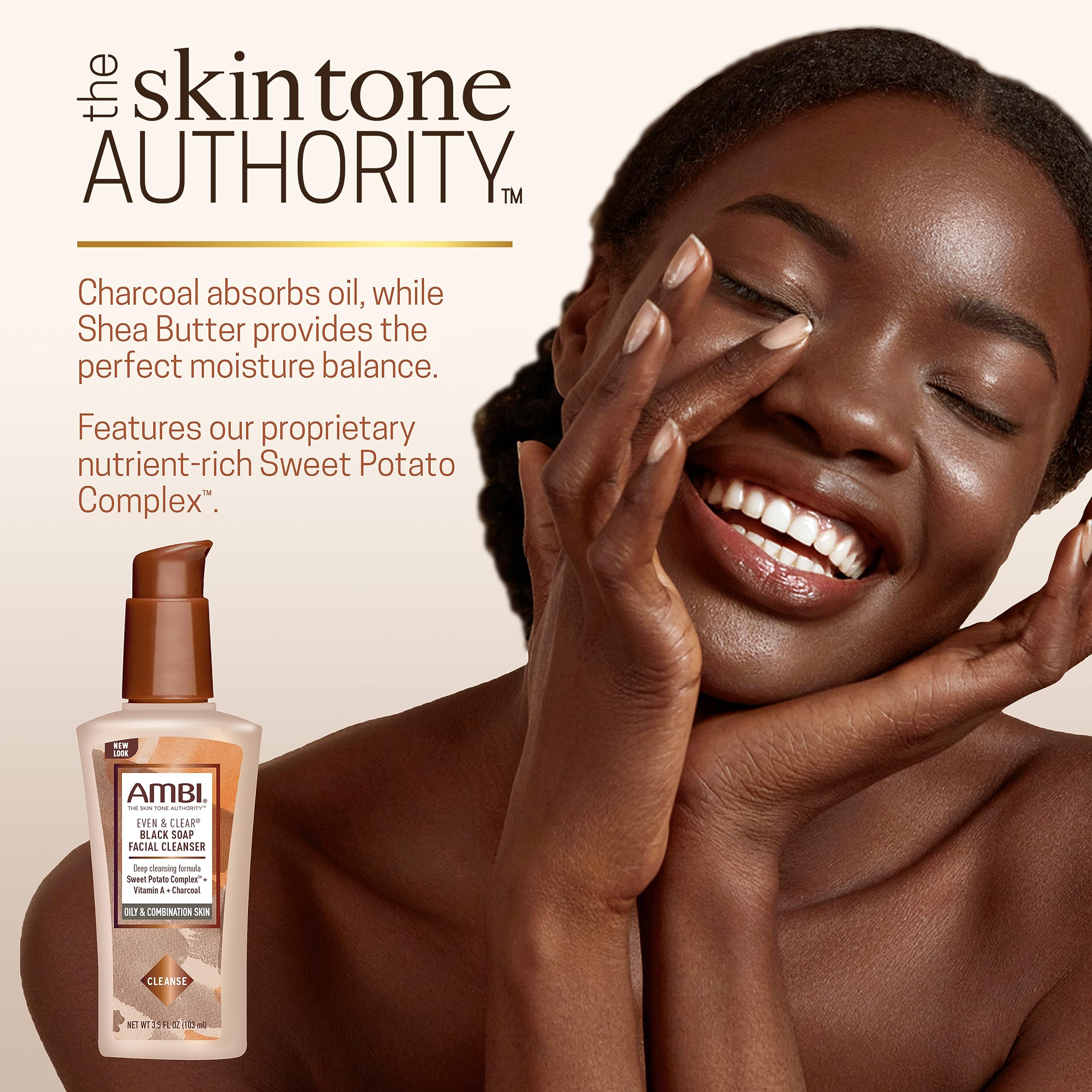 Ambi Charcoal Black Soap Facial Cleanser with Sweet Potato, 3.5 Fl Oz, Black, Model S2927200 - Evens Skin Tone
